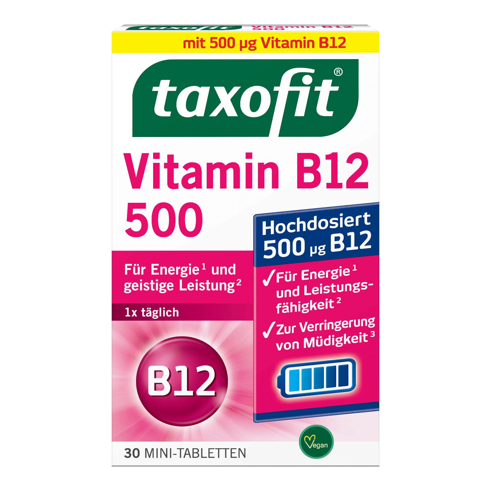 Nahrungsergänzungsmittel hochdosiertem Vitamin B12. Kleine, gut schluckbare Mini-Tabletten.