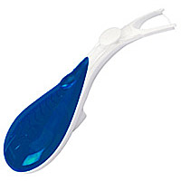 Zahnseidenhalter mit fluoridierter Zahnseide, Farbe: blau-weiß.