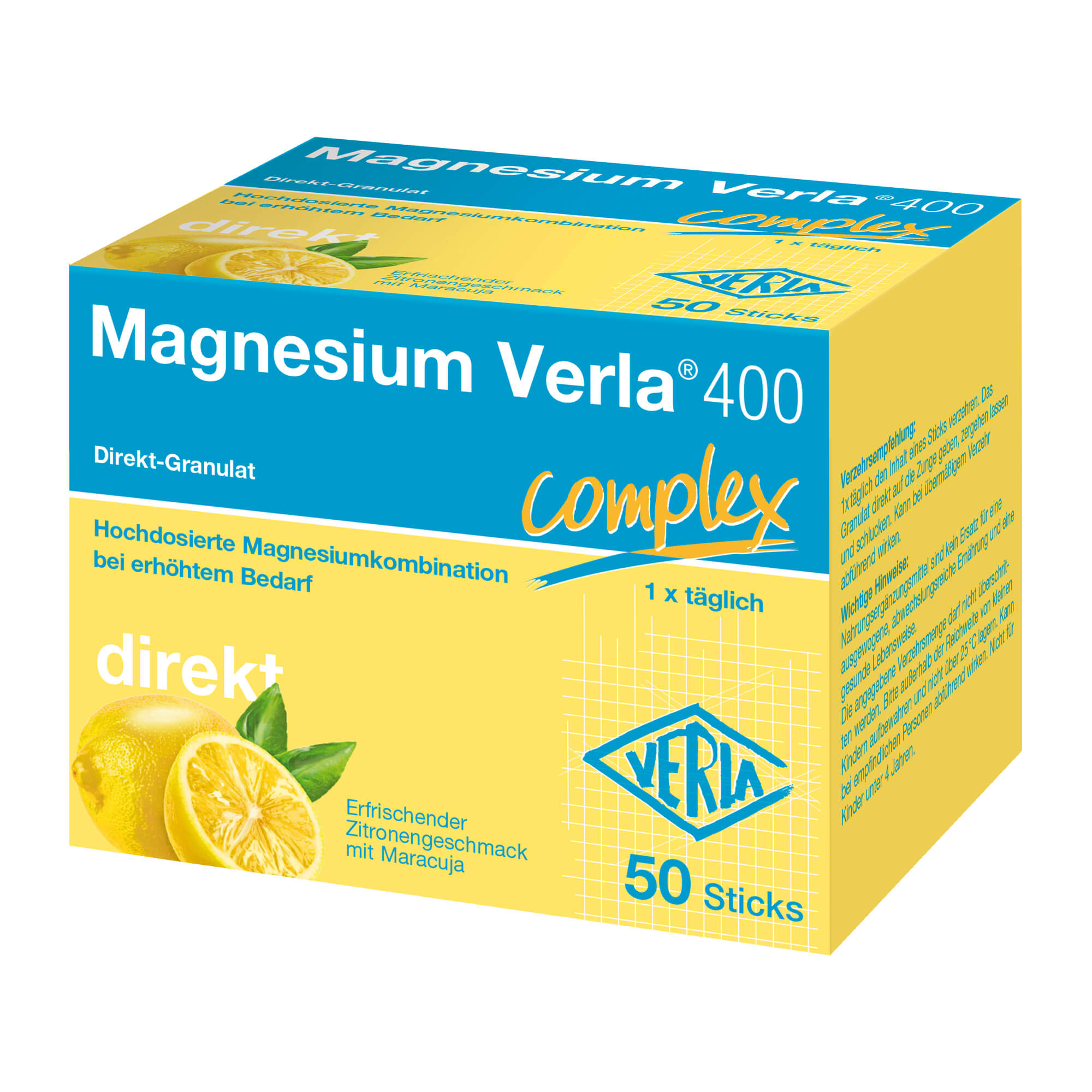 Nahrungsergänzungsmittel mit hochdosierter Magnesiumkombination. Zitronengeschmack mit Maracuja.