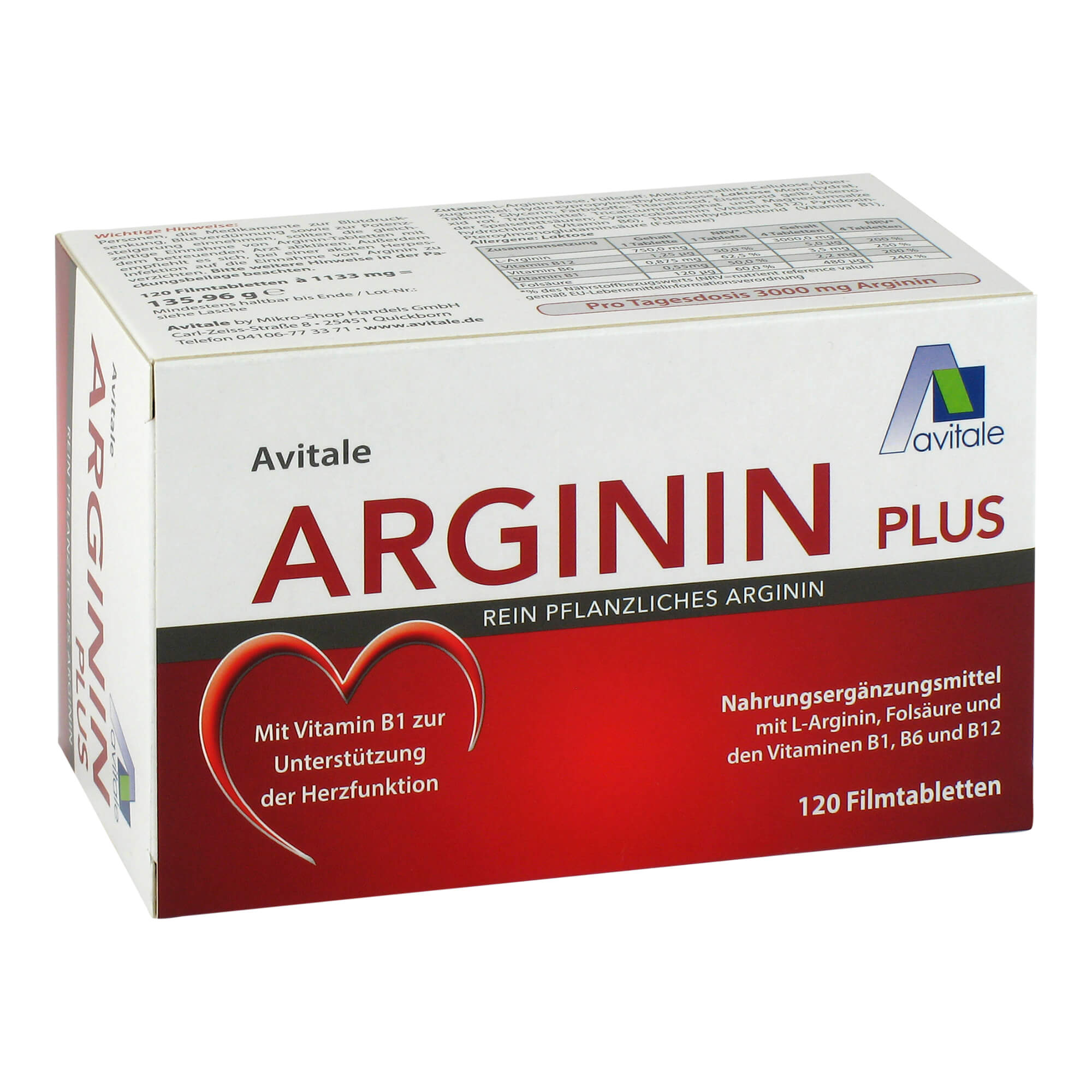 Nahrungsergänzungsmittel mit L-Arginin, Folsäure und den Vitaminen B1, B6 und B12.