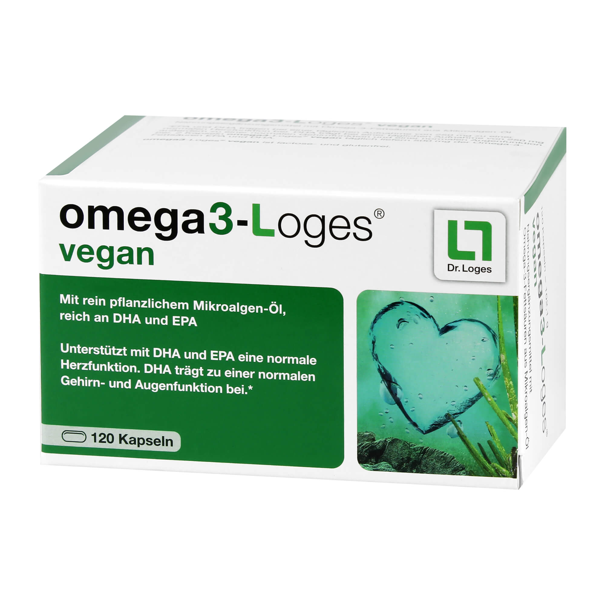 Pflanzliches Nahrungsergänzungsmittel mit Omega-3-Fettsäuren aus Mikroalgen-Öl.