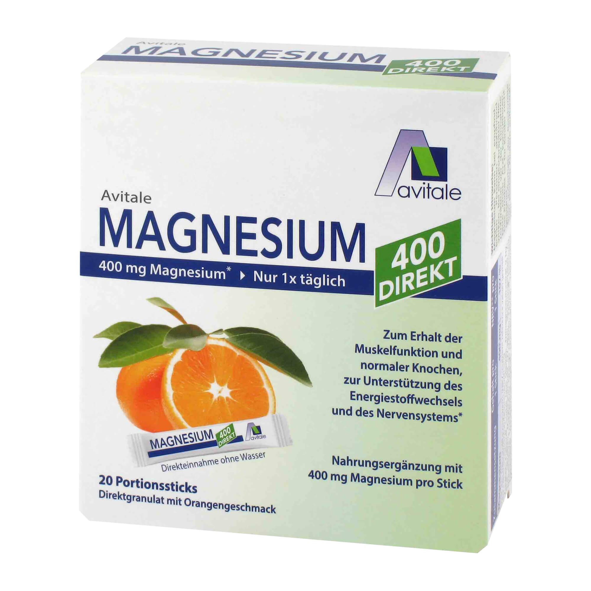 Direktgranulat mit Magnesium zur Einnahme ohne Wasser. Mit angenehmem Orangengeschmack.