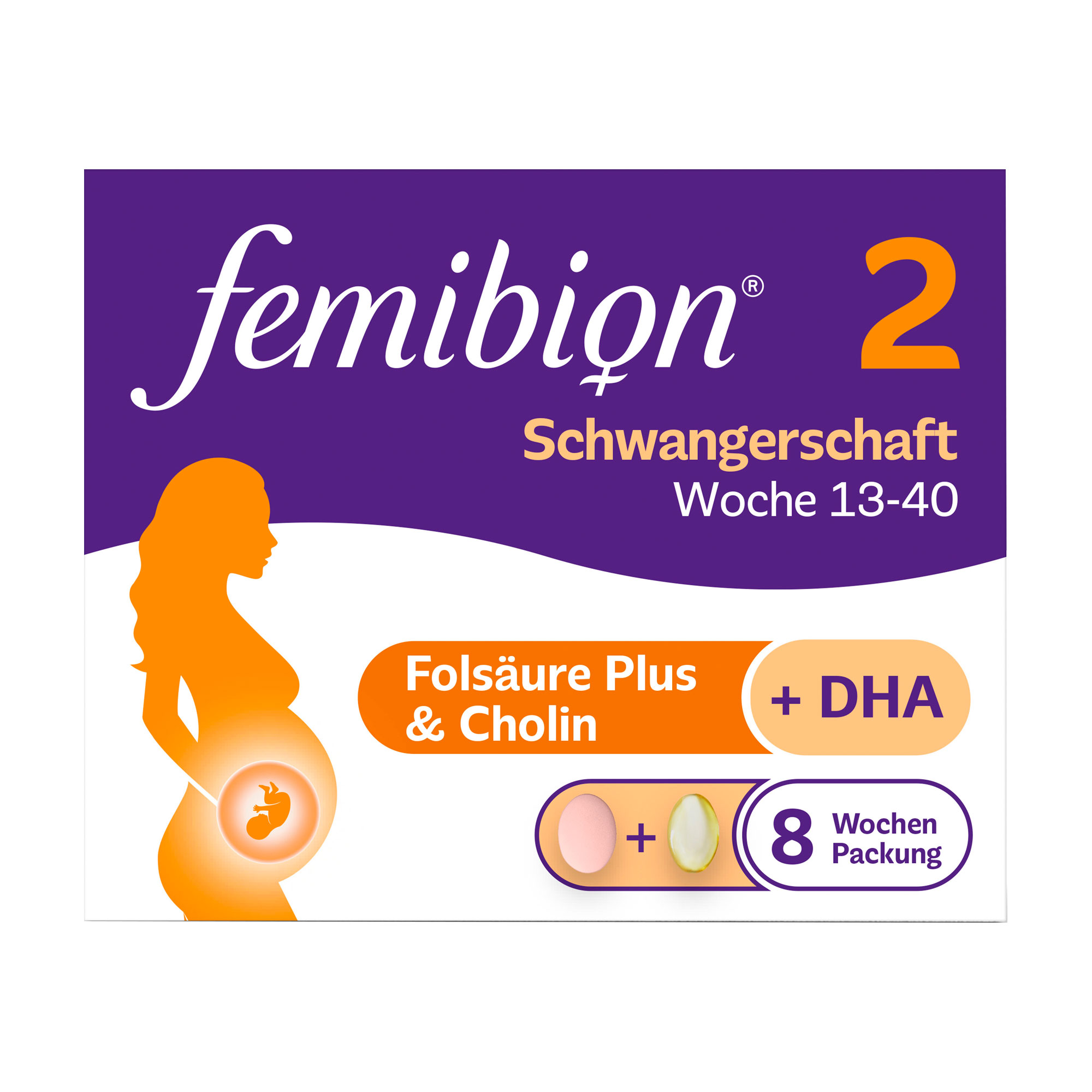 1 Tablette + 1 Kapsel Femibion 2 am Tag für eine ausreichende Versorgung mit Folat und DHA.