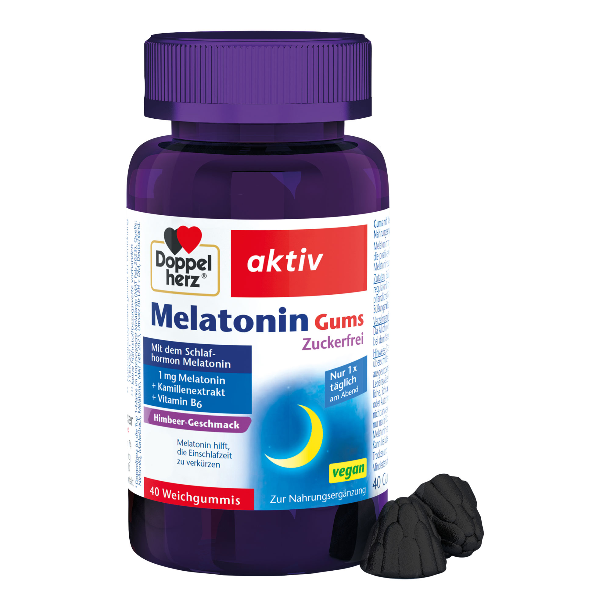 Nahrungsergänzungsmittel mit Melatonin, Vitamin B6 und Kamillenblüten-Extrakt. Mit Himbeer-Geschmack.