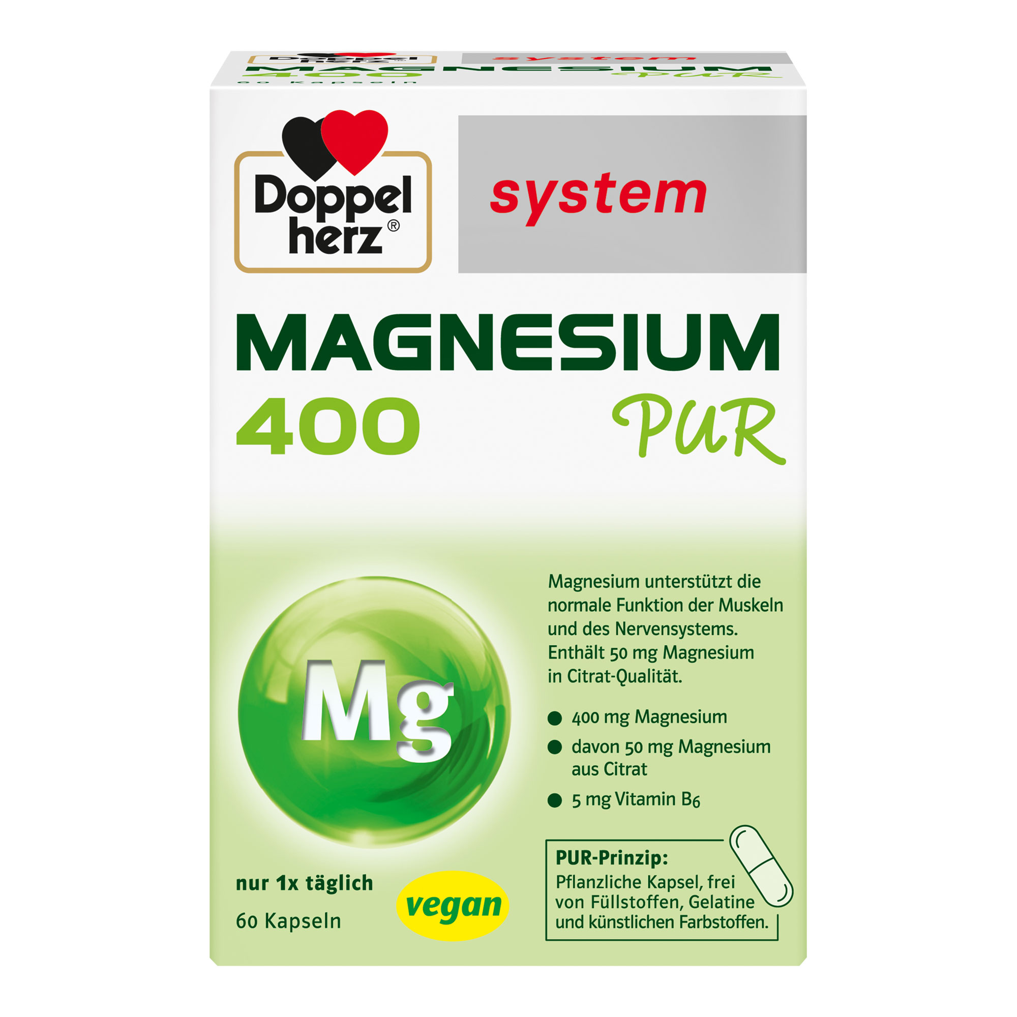 Nahrungsergänzungsmittel mit Magnesium und Vitamin B6 in Form einer pflanzlichen Kapsel.