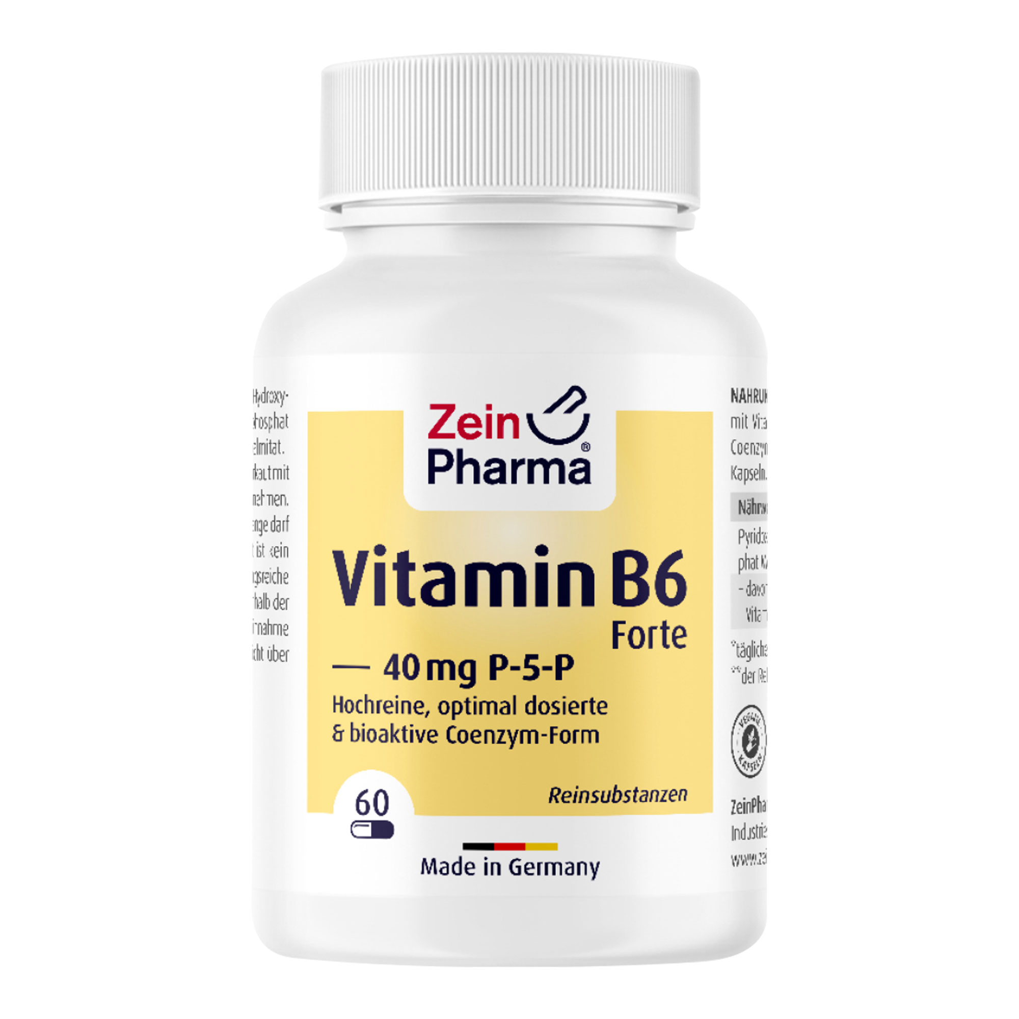 Nahrungsergänzungsmitel mit Vitamin B6 in seiner aktiven Coenzym-Form, Pyridoxal-5-Phosphat, in vegetarischen Kapseln.