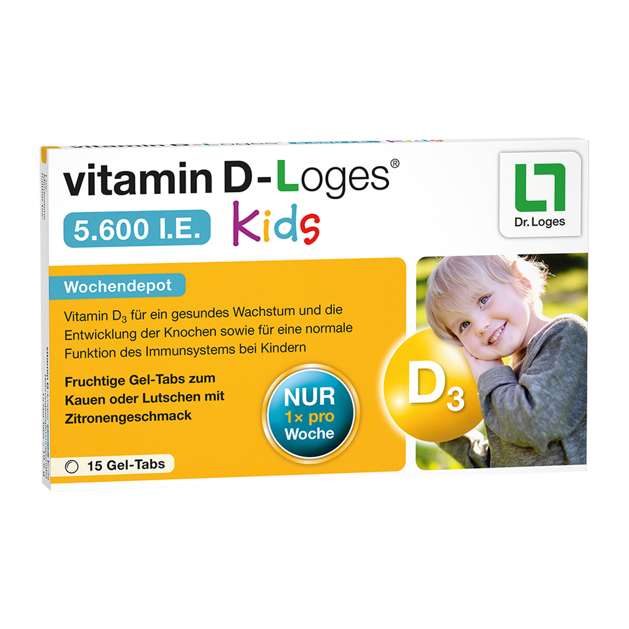 Nahrungsergänzungsmittel mit Vitamin D3, für Kinder ab 4 Jahren mit leckerem Zitronengeschmack.