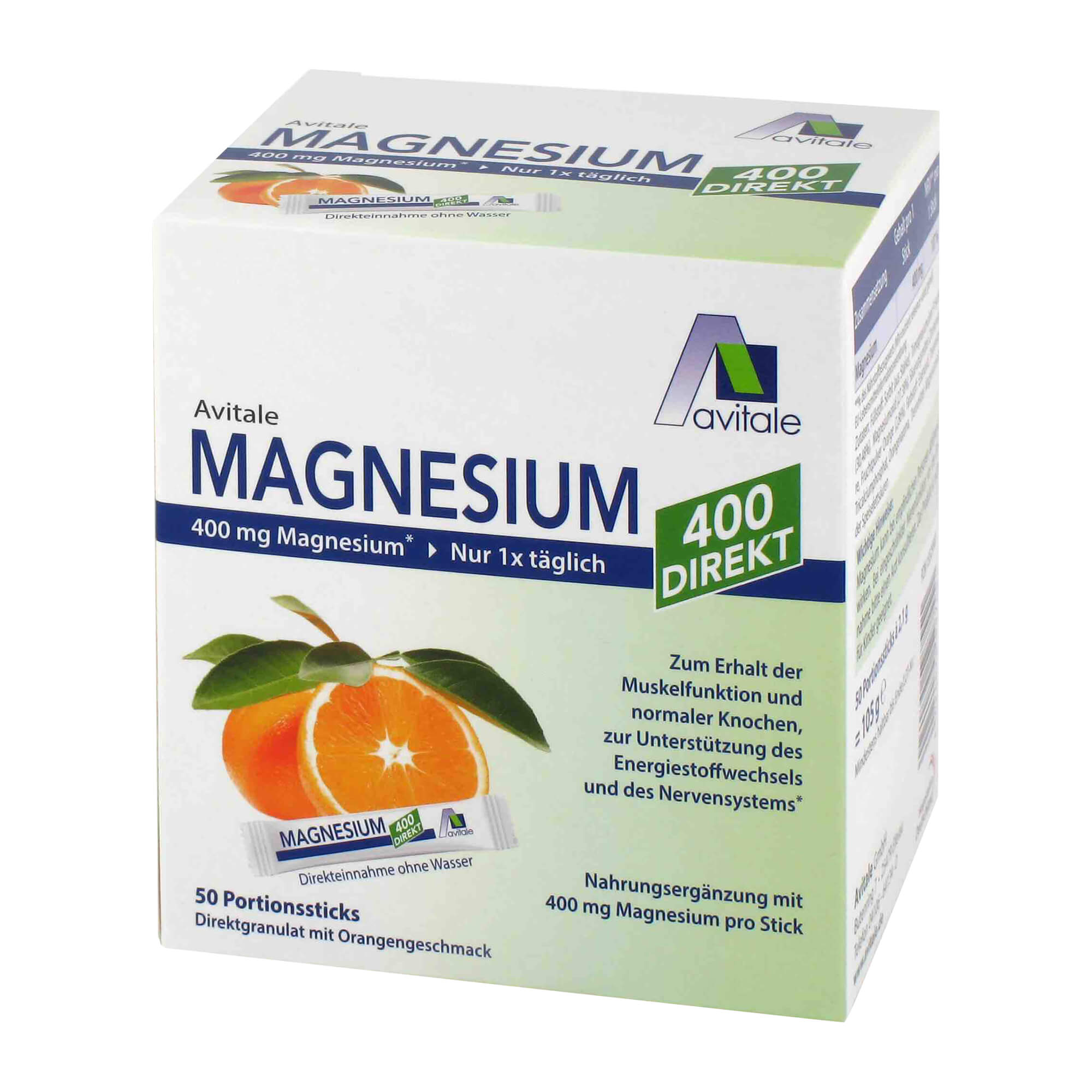 Direktgranulat mit Magnesium zur Einnahme ohne Wasser. Mit angenehmem Orangengeschmack.