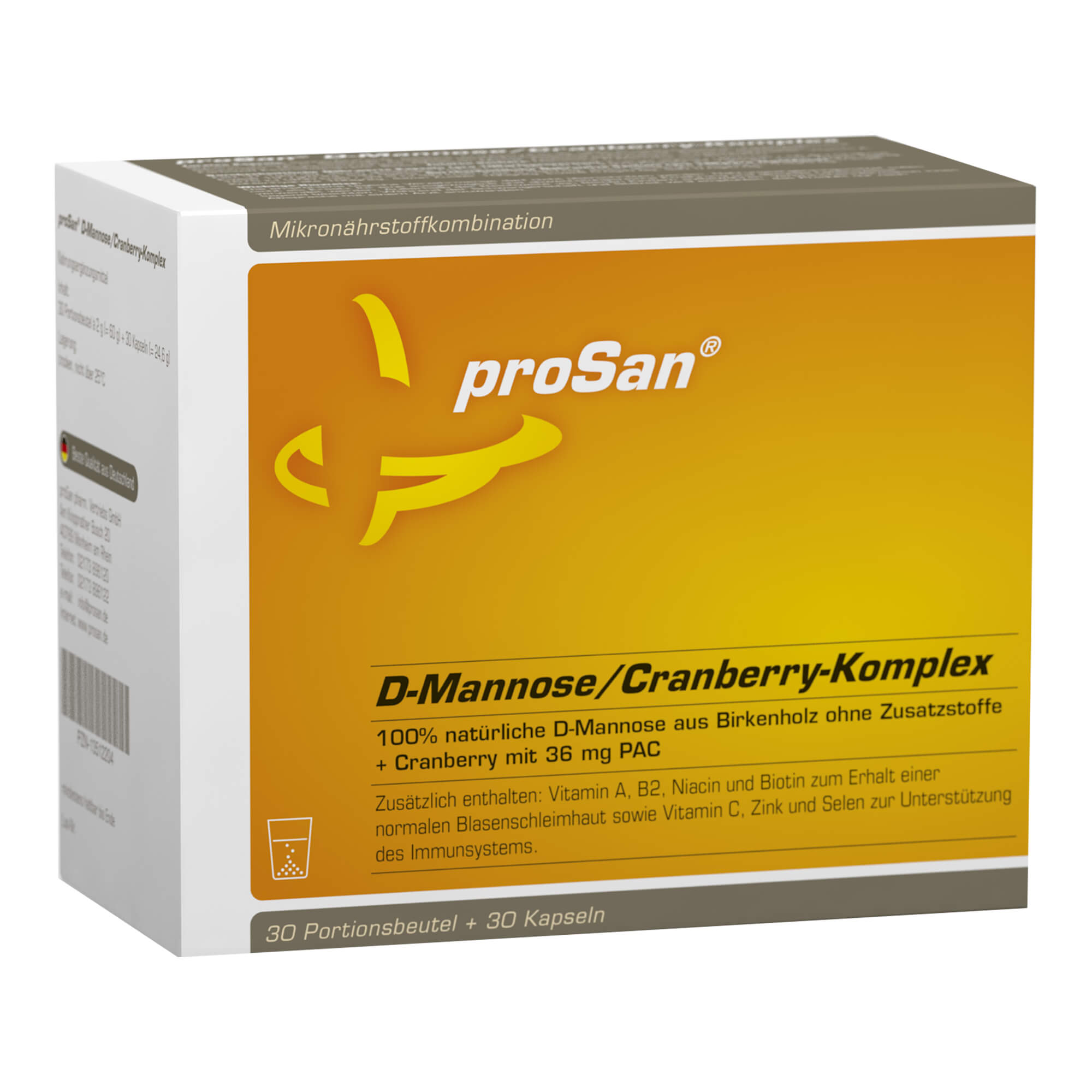 100% natürliche D-Mannose aus Birkenholz ohne Zusatzstoffe + Cranberry mit 36 mg PAC.