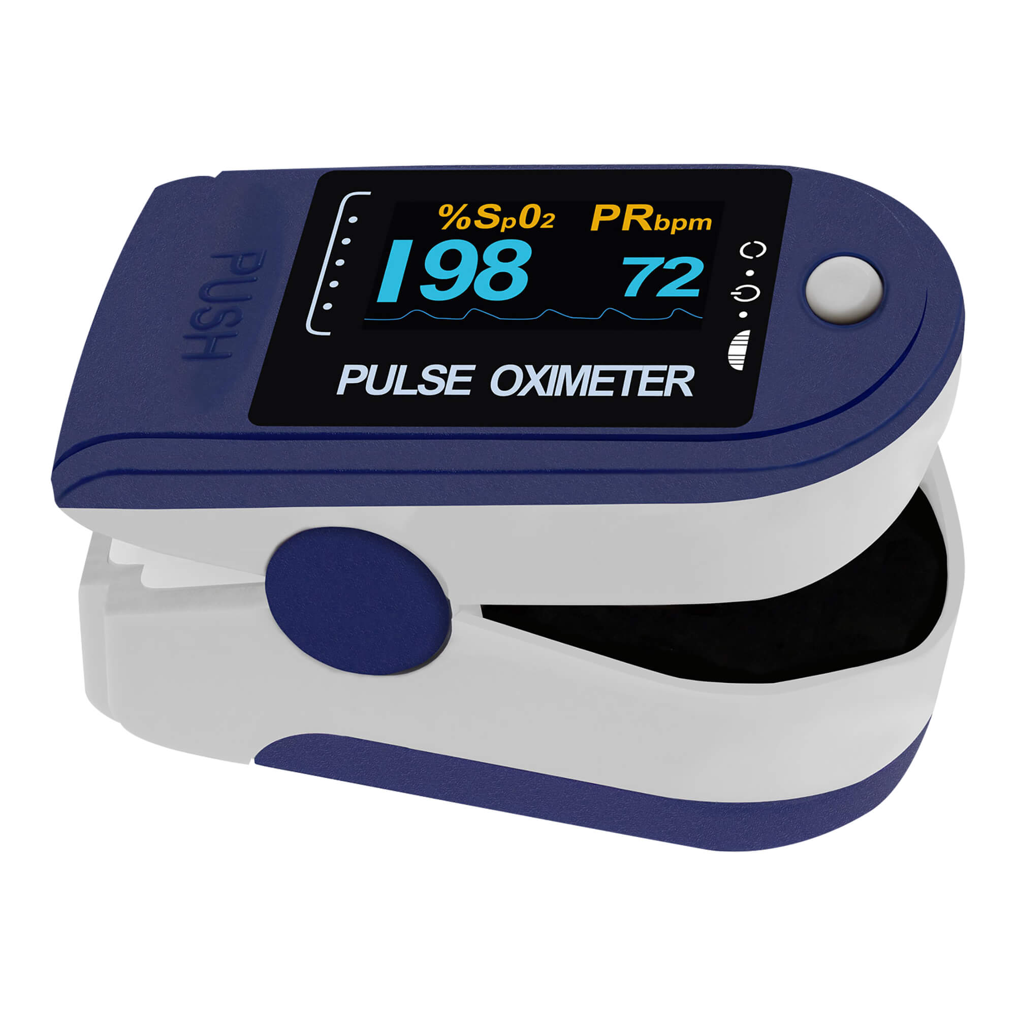Finger-Pulsoximeter. Mit zweifarbigem OLED-Display, Batterien und Zubehör. Farbe: blau.