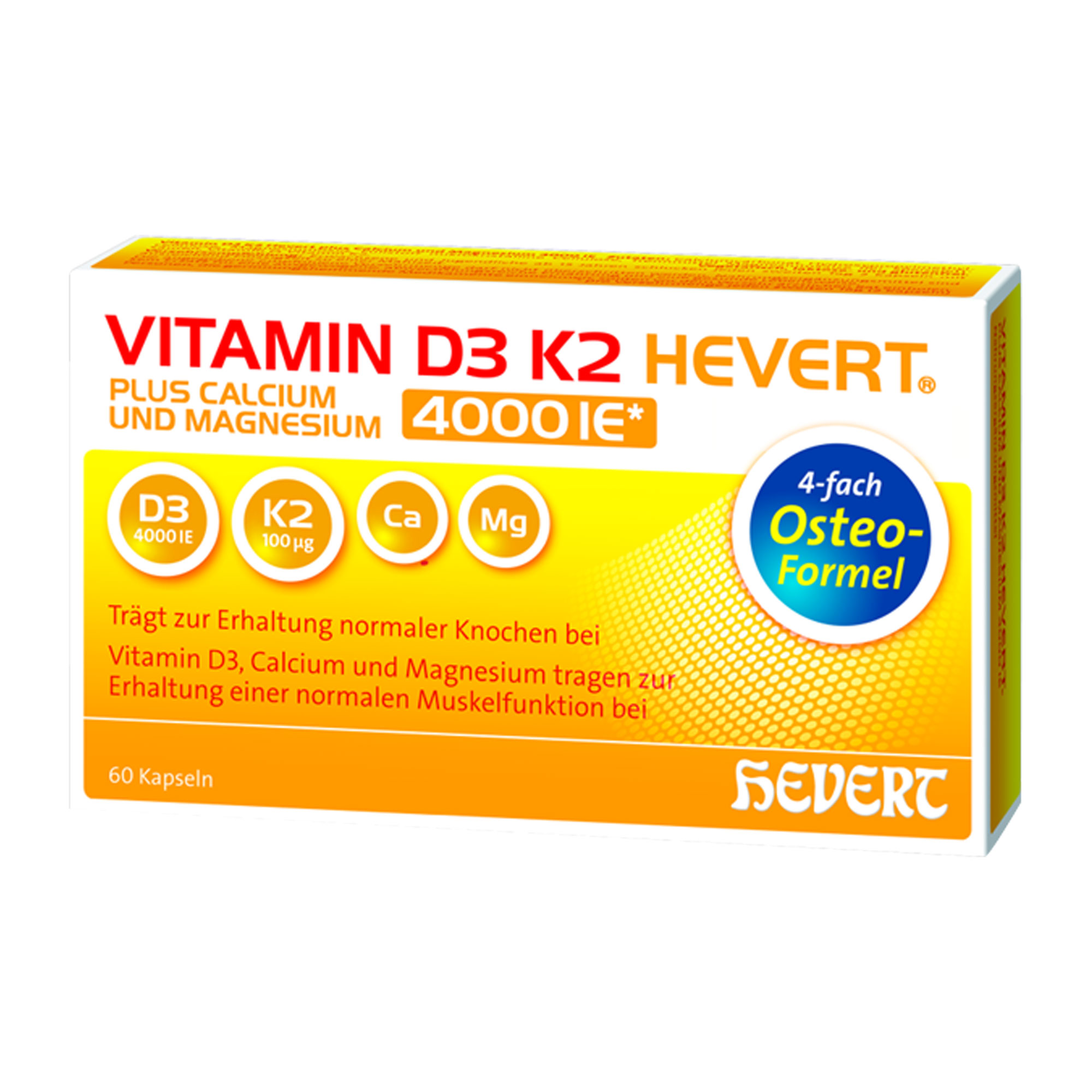 Nahrungsergänzungsmittel mit 4-fach Osteo-Formel aus Vitamin D3, Vitamin K2, Calcium und Magnesium. Für gesunde Knochen und Muskeln.