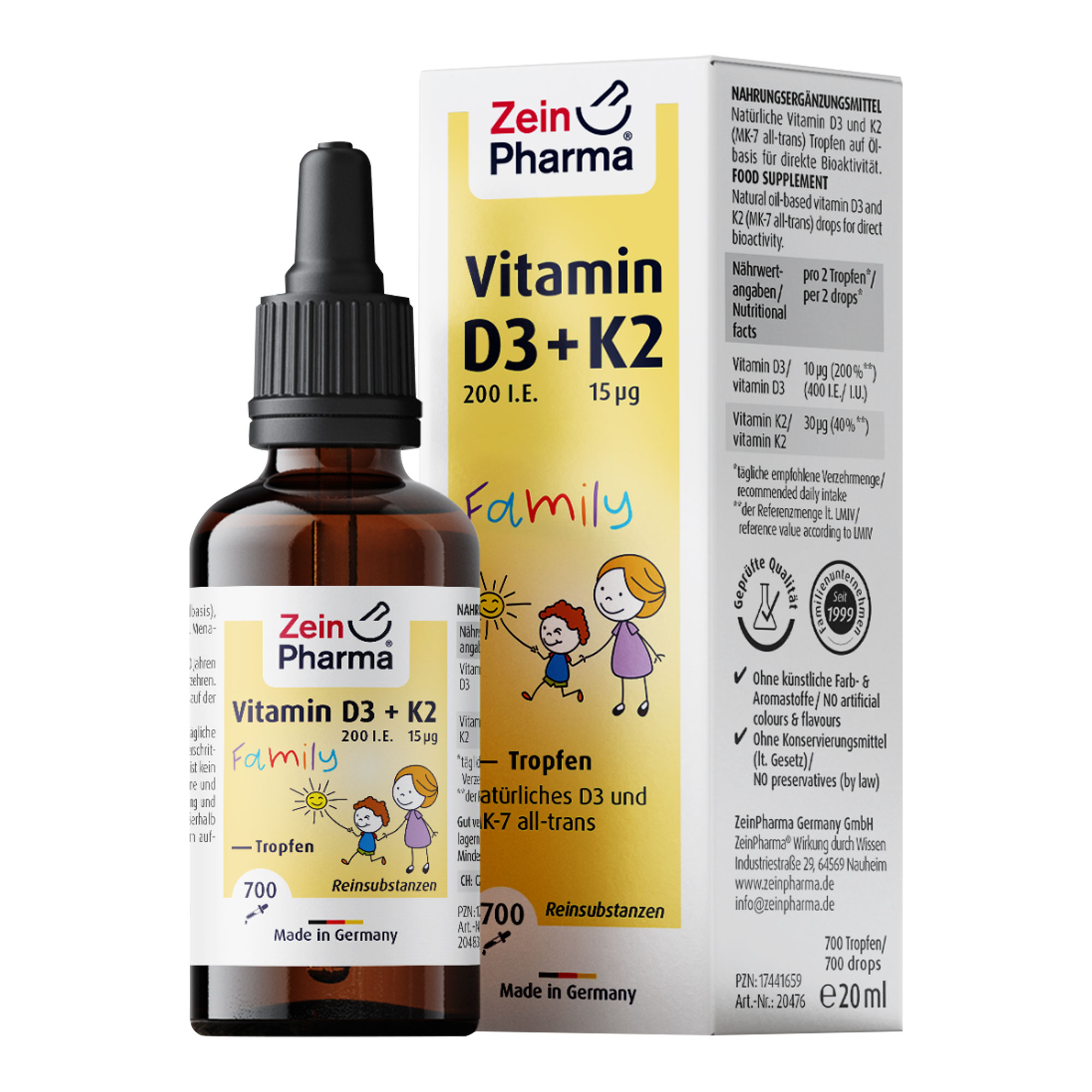 Nahrungsergänzungsmittel mit Vitamin D3 und K2. Tropfen auf Öl-Basis für die ganze Familie.
