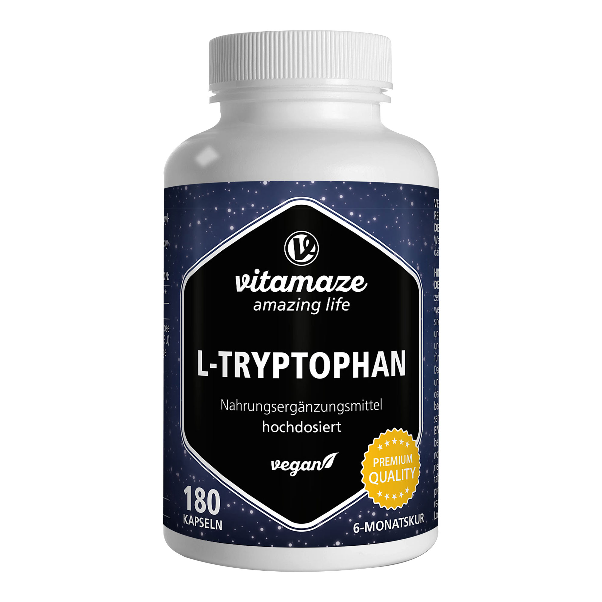 Nahrungsergänzungsmittel mit hochdosiertem L-Tryptophan. Für 6 Monate Dauerversorgung.