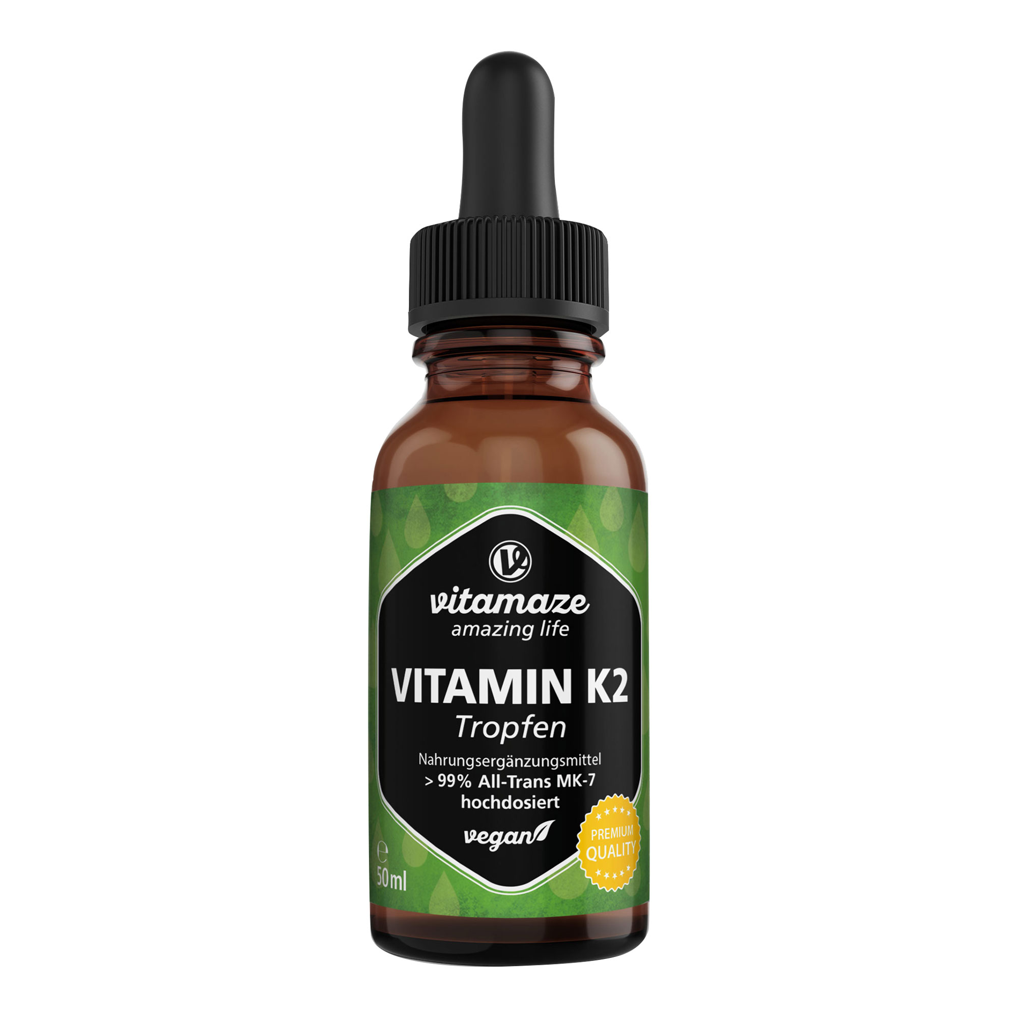 Nahrungsergänzungsmittel mit hochdosiertem Vitamin K2 in flüssiger Form.