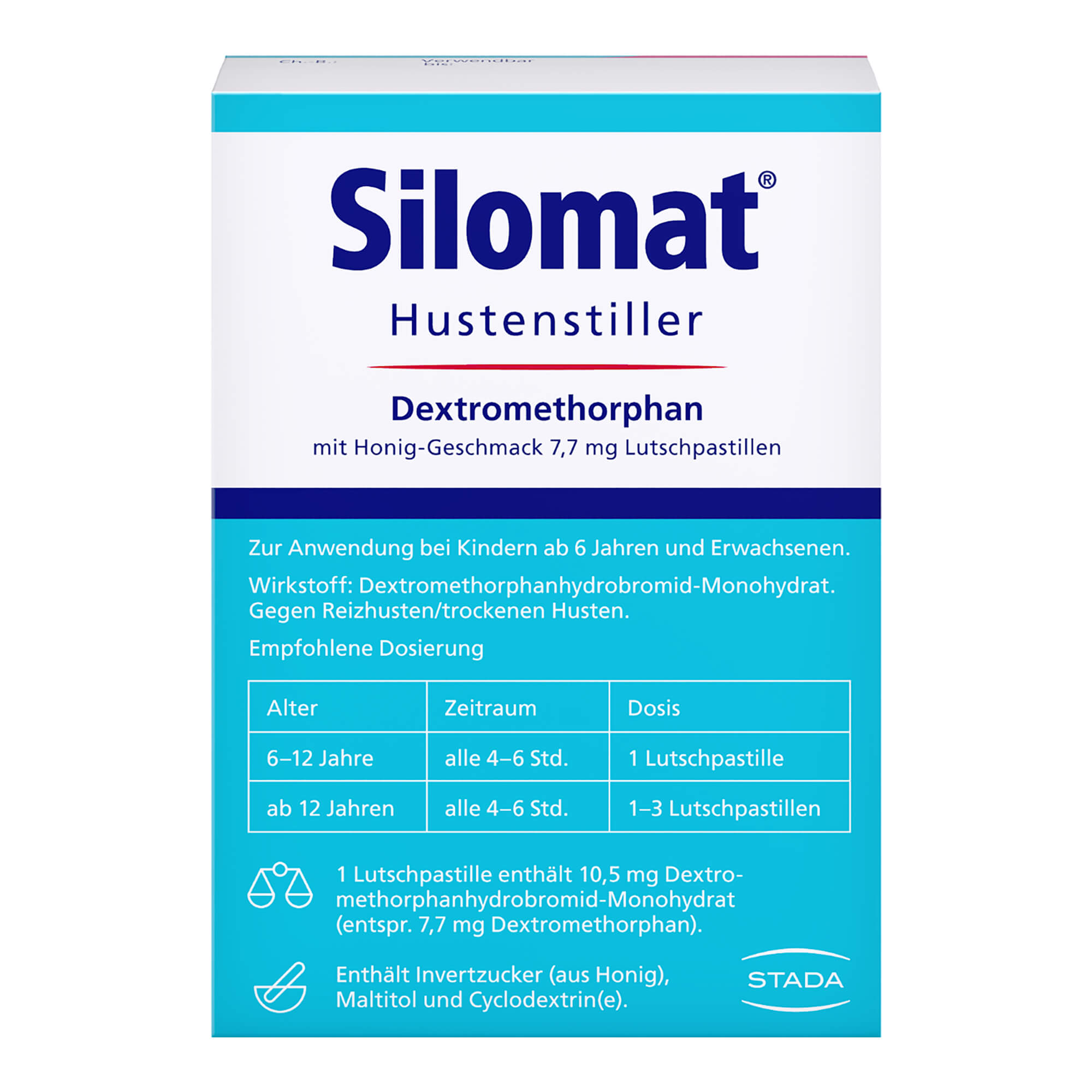 Silomat Hustenstiller Dextromethorphan mit Honig-Geschmack 7,7 mg Lutschpastillen Packungsrückseite