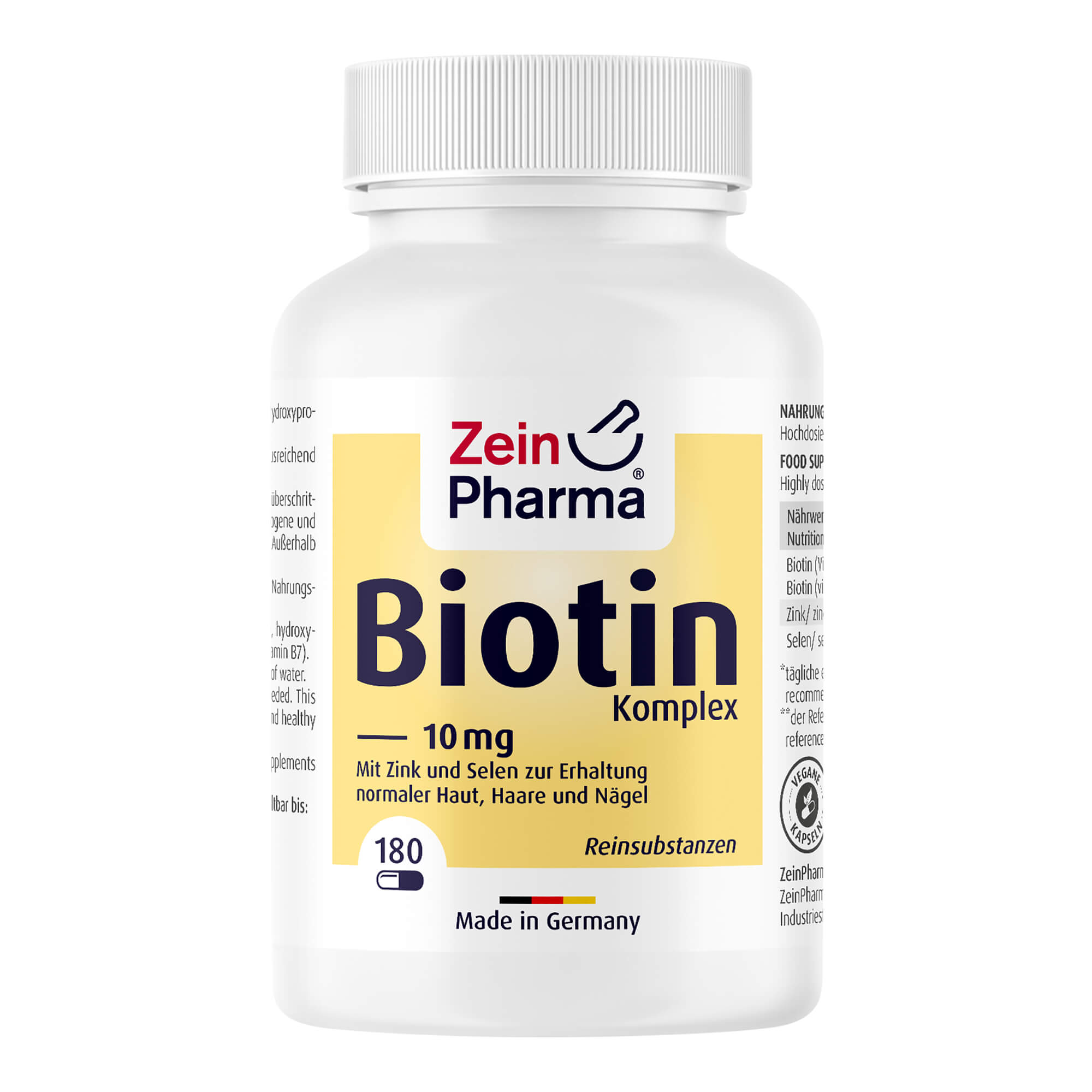 Hochdosierter Biotin Komplex mit Zink und Selen in veganen Kapseln.