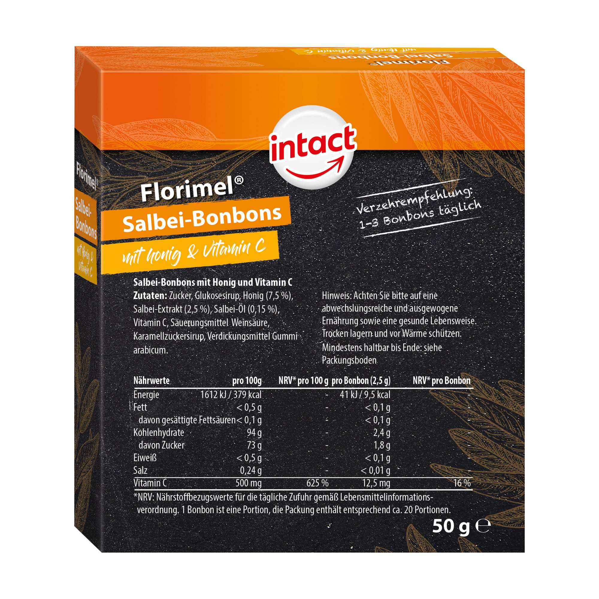 Intact Florimel Salbeibonbons mit Vitamin C und Honig Rückseite