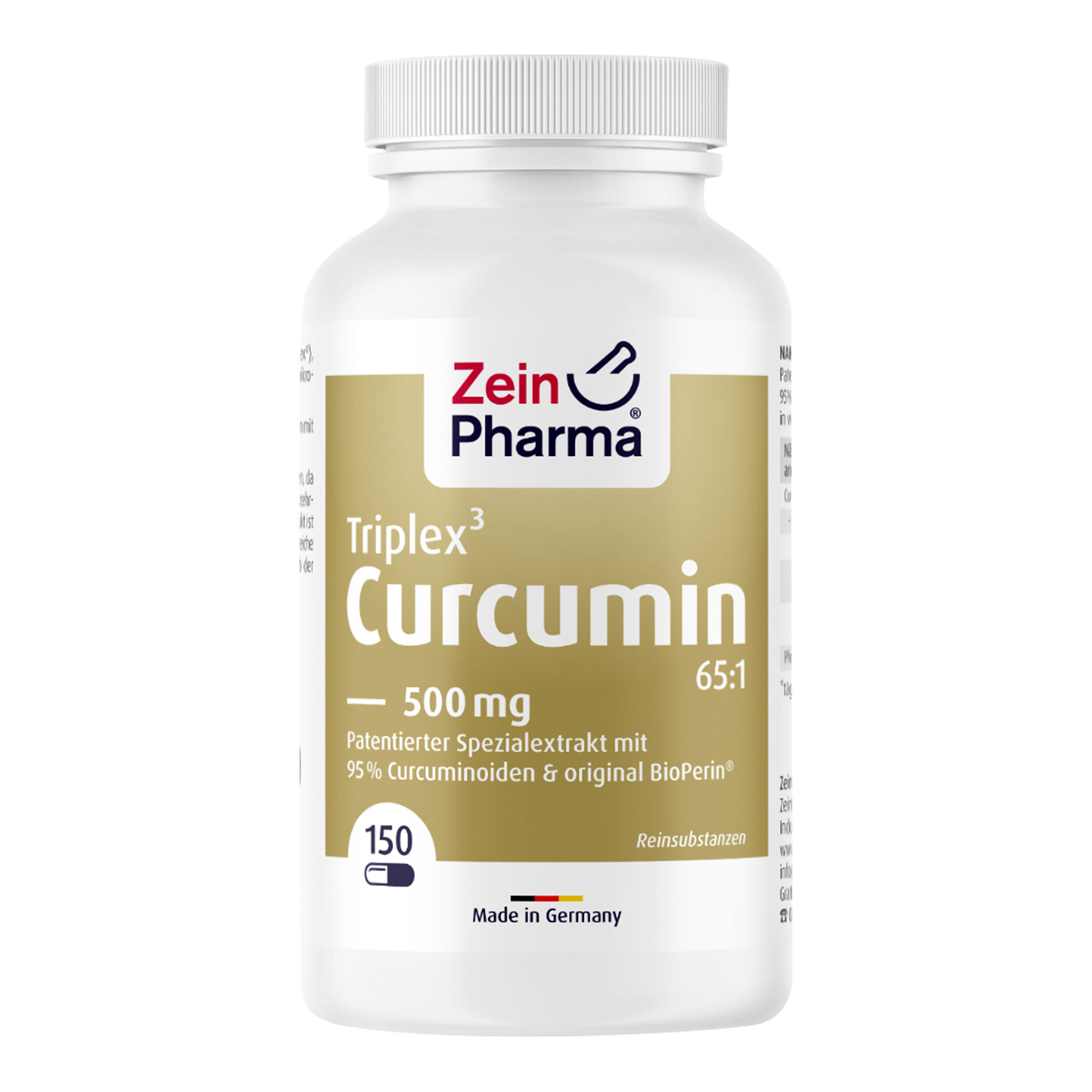 Nahrungsergänzungsmittel mit Curcumin C3 Complex® (65:1), mit 95 % Curcuminoiden und Pfefferextrakt (BioPerin®) in veganen Kapseln.