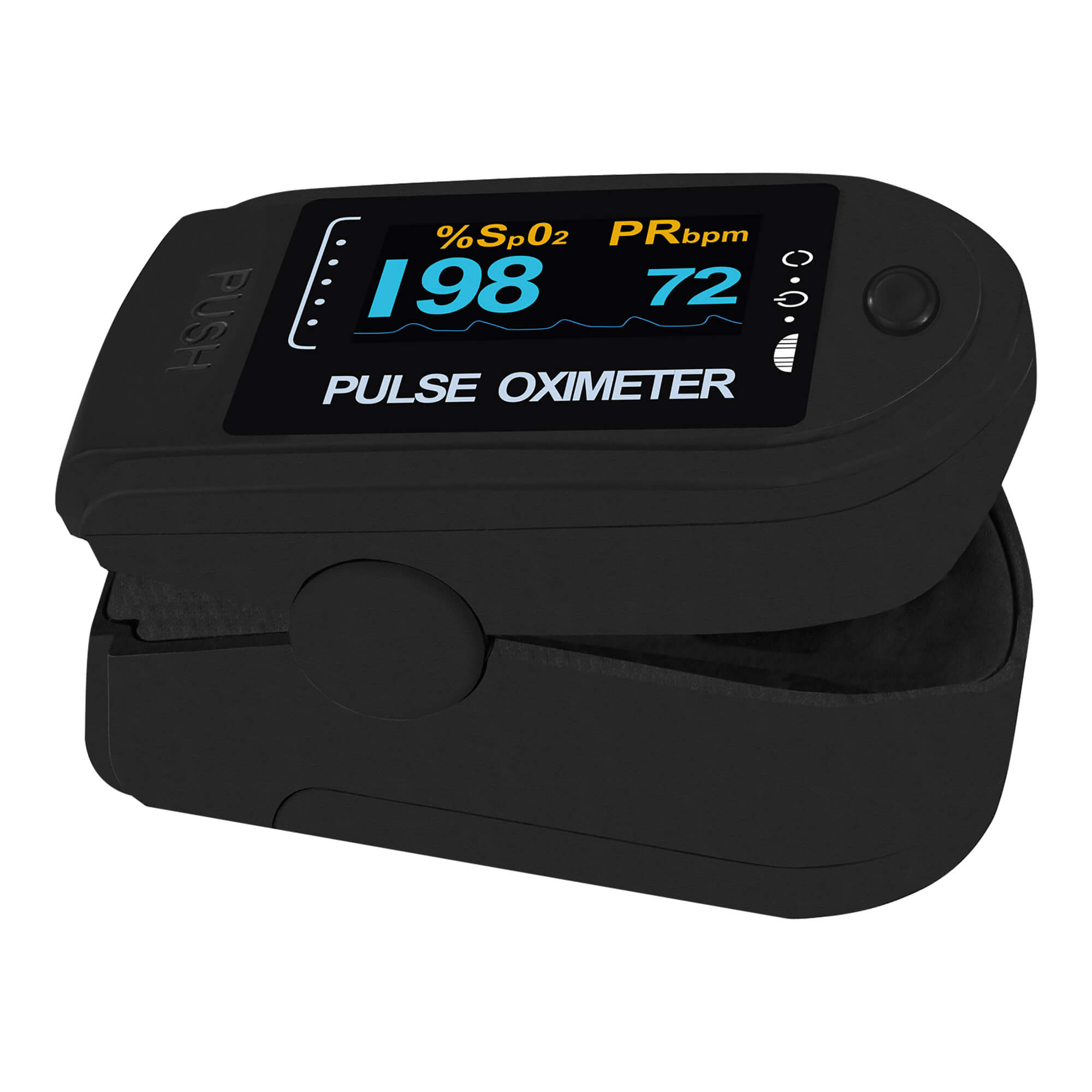 Finger-Pulsoximeter. Mit zweifarbigem OLED-Display, Batterien und Zubehör. Farbe: schwarz.