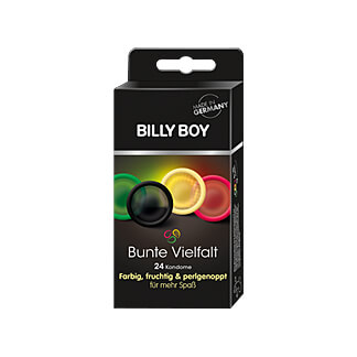 Farbige und perlgenoppte Kondome hergestellt aus Naturkautschuklatex mit Gleitfilm und Reservoir.