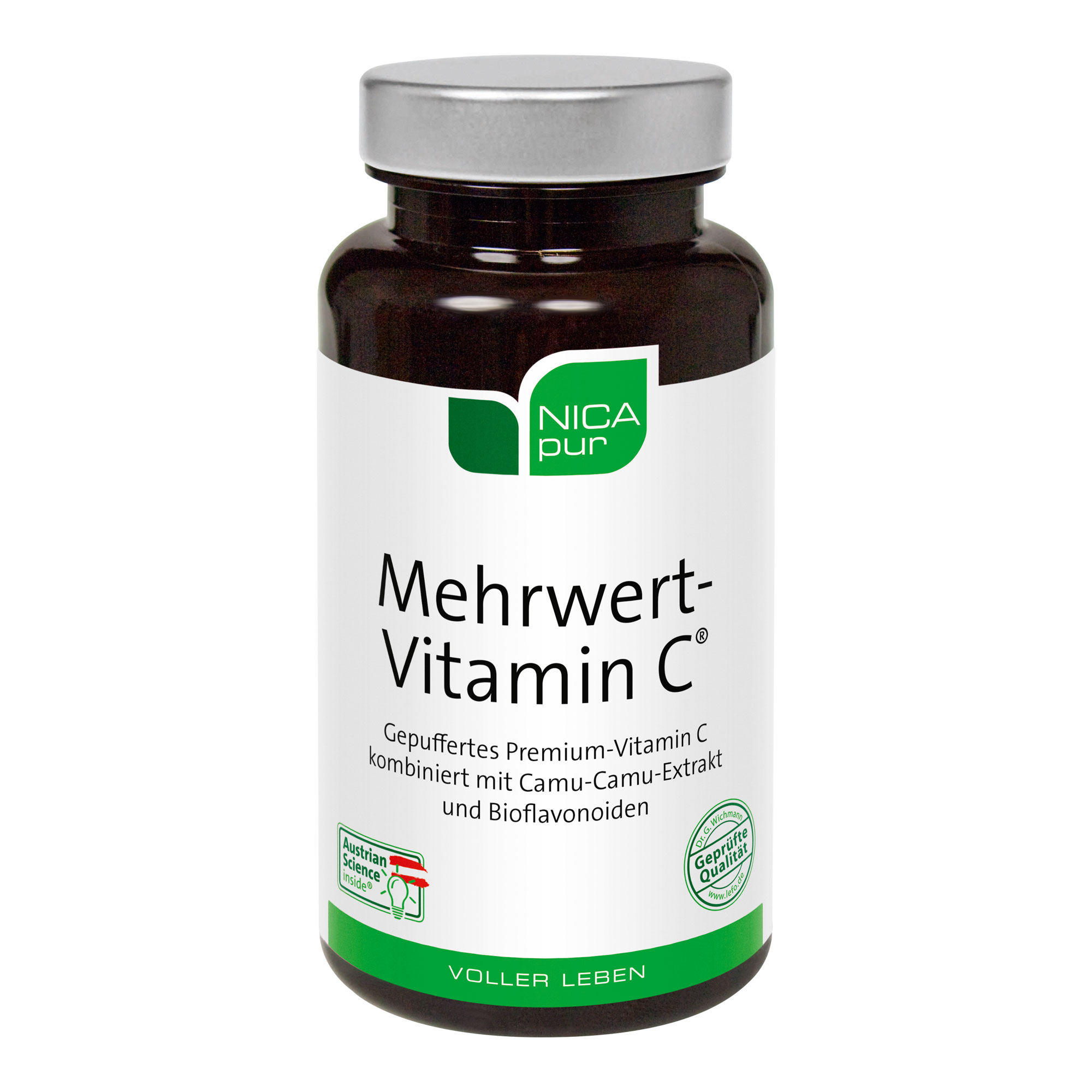 Nahrungsergänzungsmittel mit einer gut verträglichen, nicht sauren Vitamin-C-Verbindung, Camu-Camu-Extrakt kombiniert mit Bioflavonoiden.