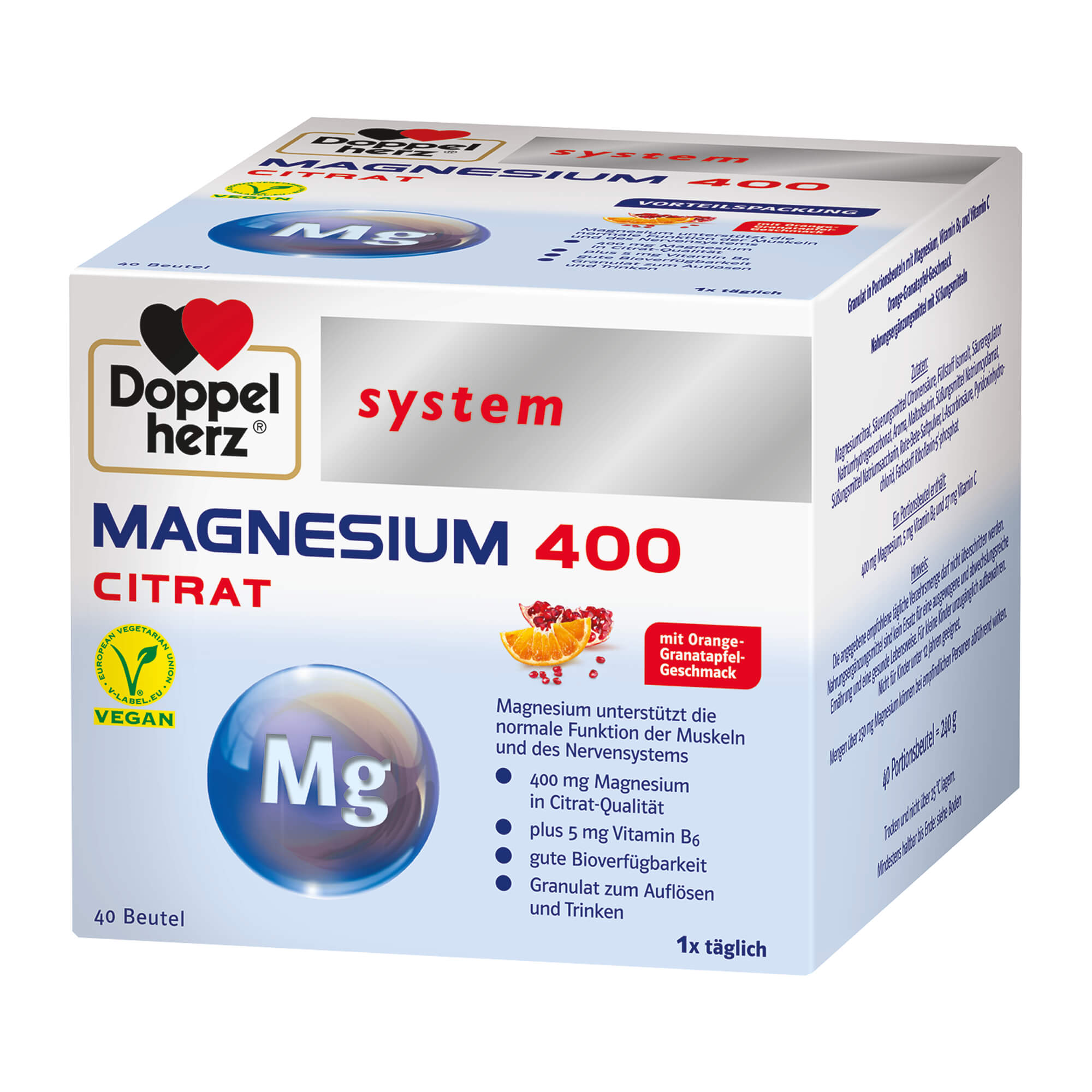 Magnesium als Beitrag für die normale Funktion der Muskeln und des Nervensystems. Nahrungsergänzungsmittel mit Orange-Granatapfel-Geschmack.