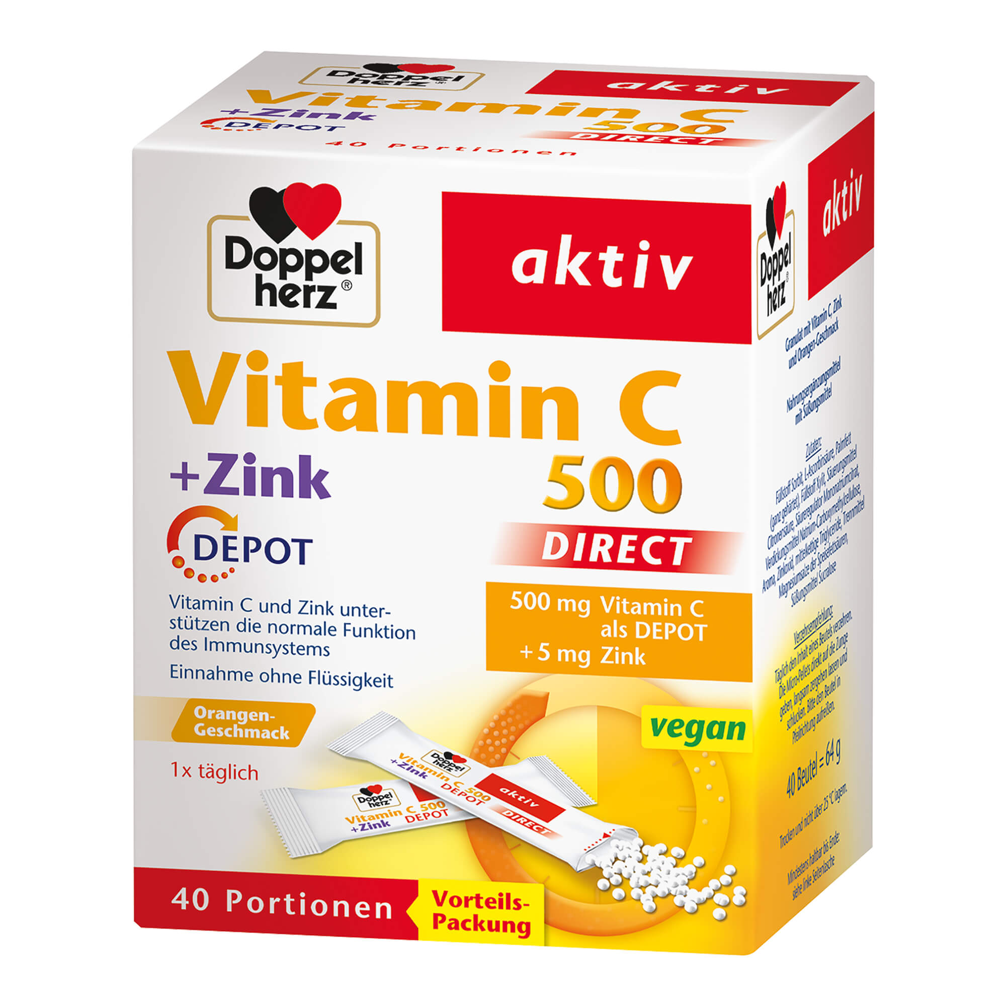 Nahrungsergänzungsmittel mit Vitamin C, Zink und Orangen-Geschmack.