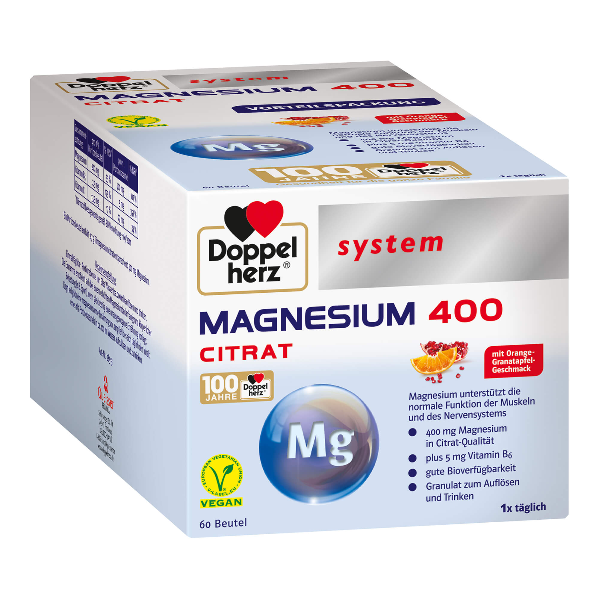 Magnesium als Beitrag für die normale Funktion der Muskeln und des Nervensystems. Nahrungsergänzungsmittel mit Orange-Granatapfel-Geschmack.