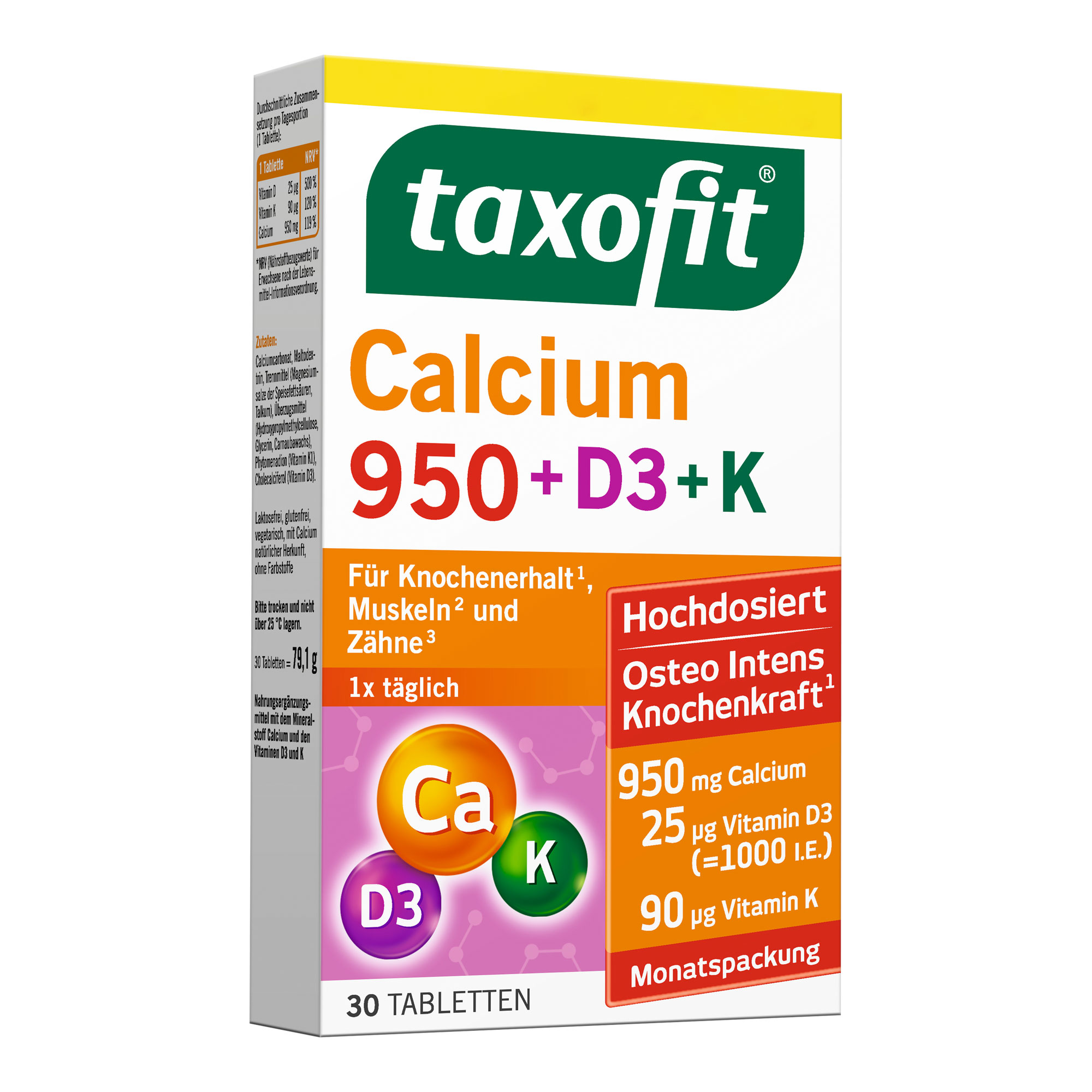 Nahrungsergänzungsmittel mit dem Mineralstoff Calcium und den Vitaminen D3 und K.