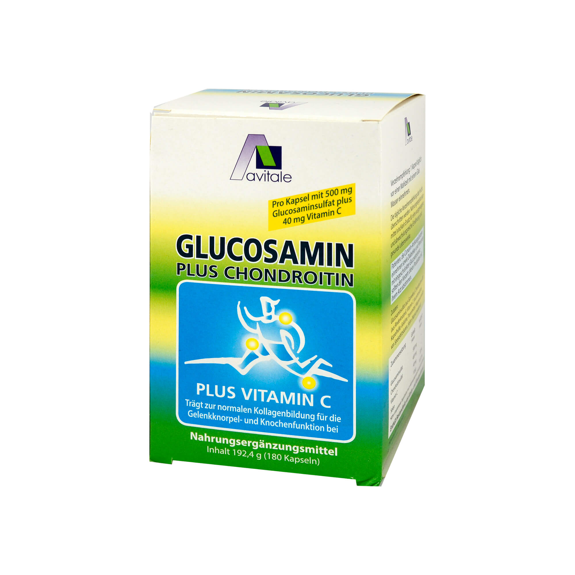 Nahrungsergänzungsmittel mit 500 mg Glucosaminsulfat und 400 mg Chondroitinsulfat.