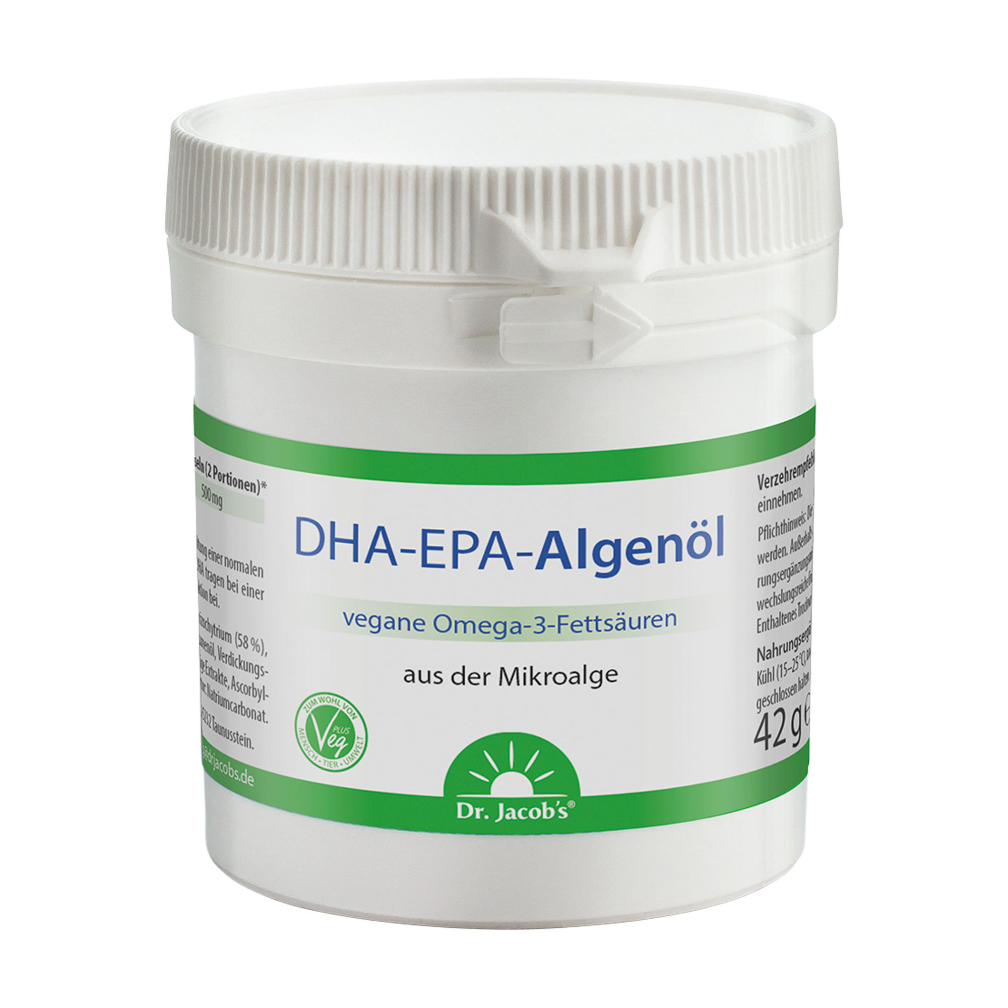 Nahrungsergänzungsmittel mit veganen Omega-3-Fettsäuren aus der Mikroalge. Ohne Jod.
