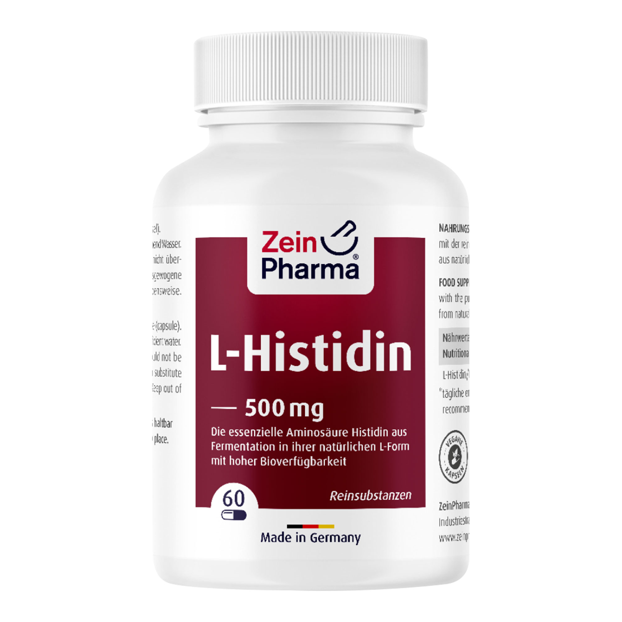 Nahrungsergänzungsmittel mit der reinen Aminosäure L-Histidin als Basenform aus natürlicher Fermentation.