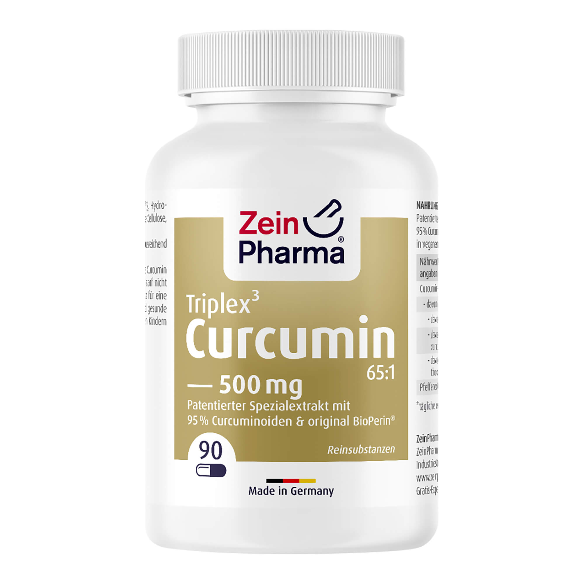 Nahrungsergänzungsmittel mit Curcumin C3 Complex® (65:1), mit 95 % Curcuminoiden und Pfefferextrakt (BioPerin®) in veganen Kapseln.