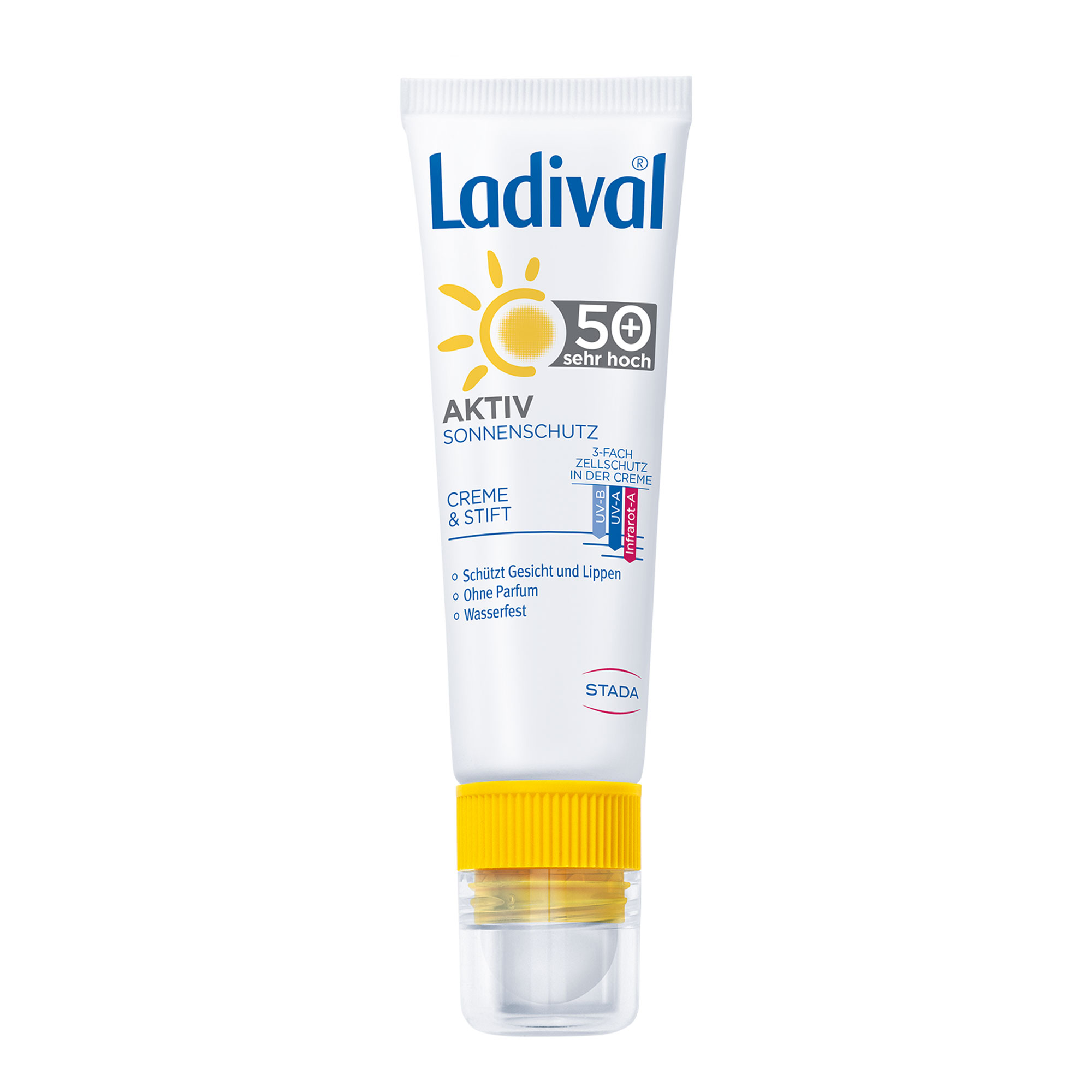 Praktischer 2-in1 Sonnenschutz für Gesicht und Lippen mit LSF 50+.