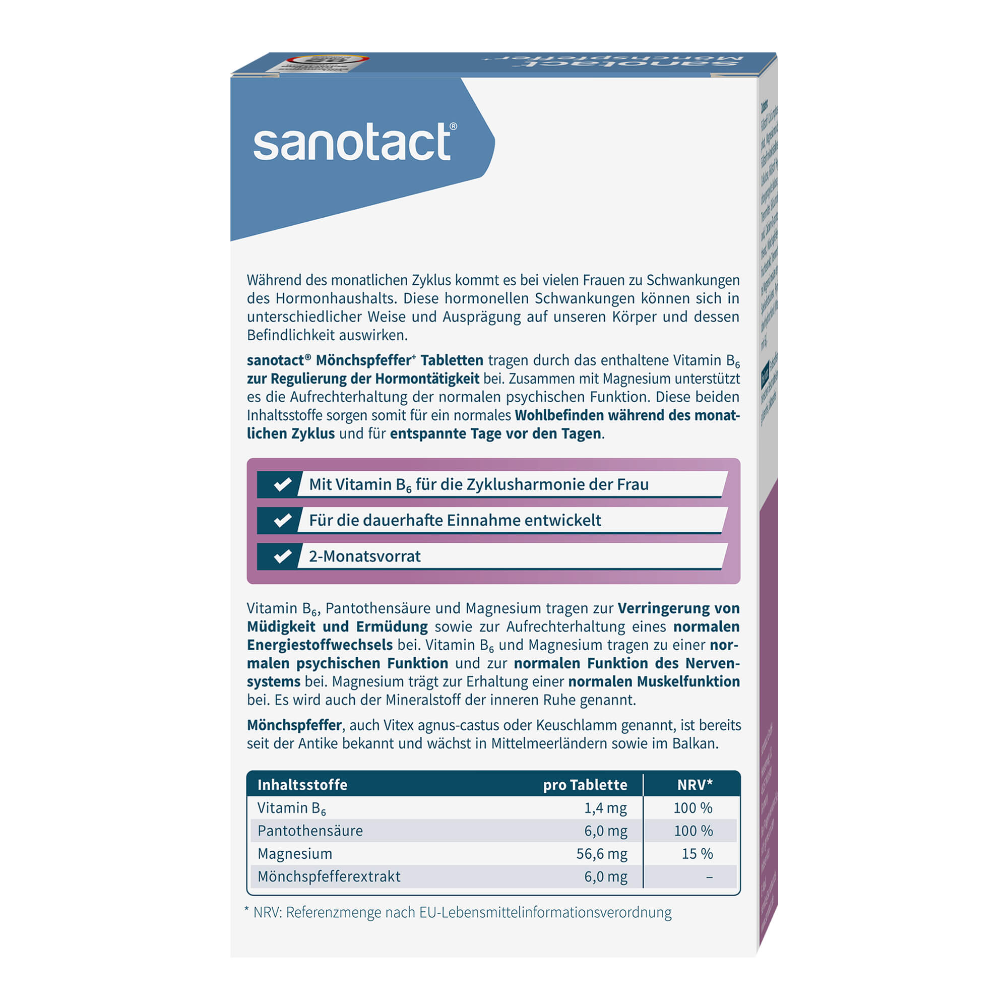 Sanotact Mönchspfeffer+ Tabletten Packungsrückseite