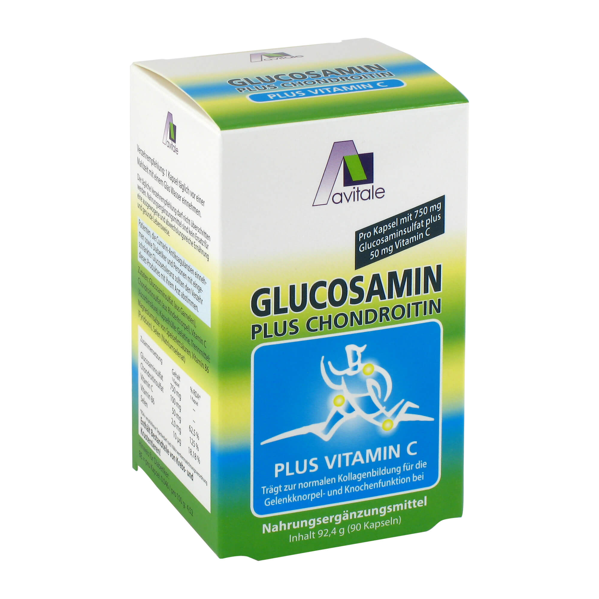 Nahrungsergänzungsmittel mit 750 mg Glucosamin und 100 mg Chondroitin.