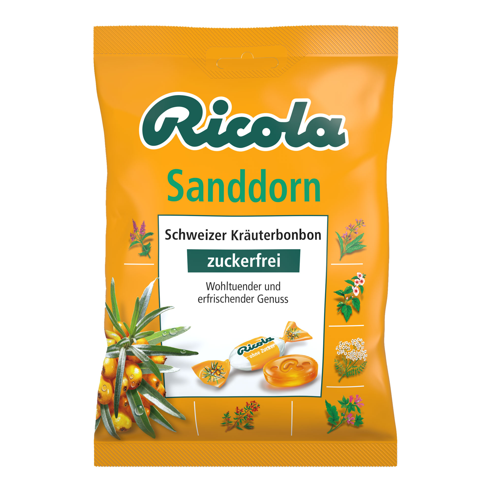 Schweizer Kräuterbonbons mit süßem Sanddorn-Geschmack. Zuckerfrei.