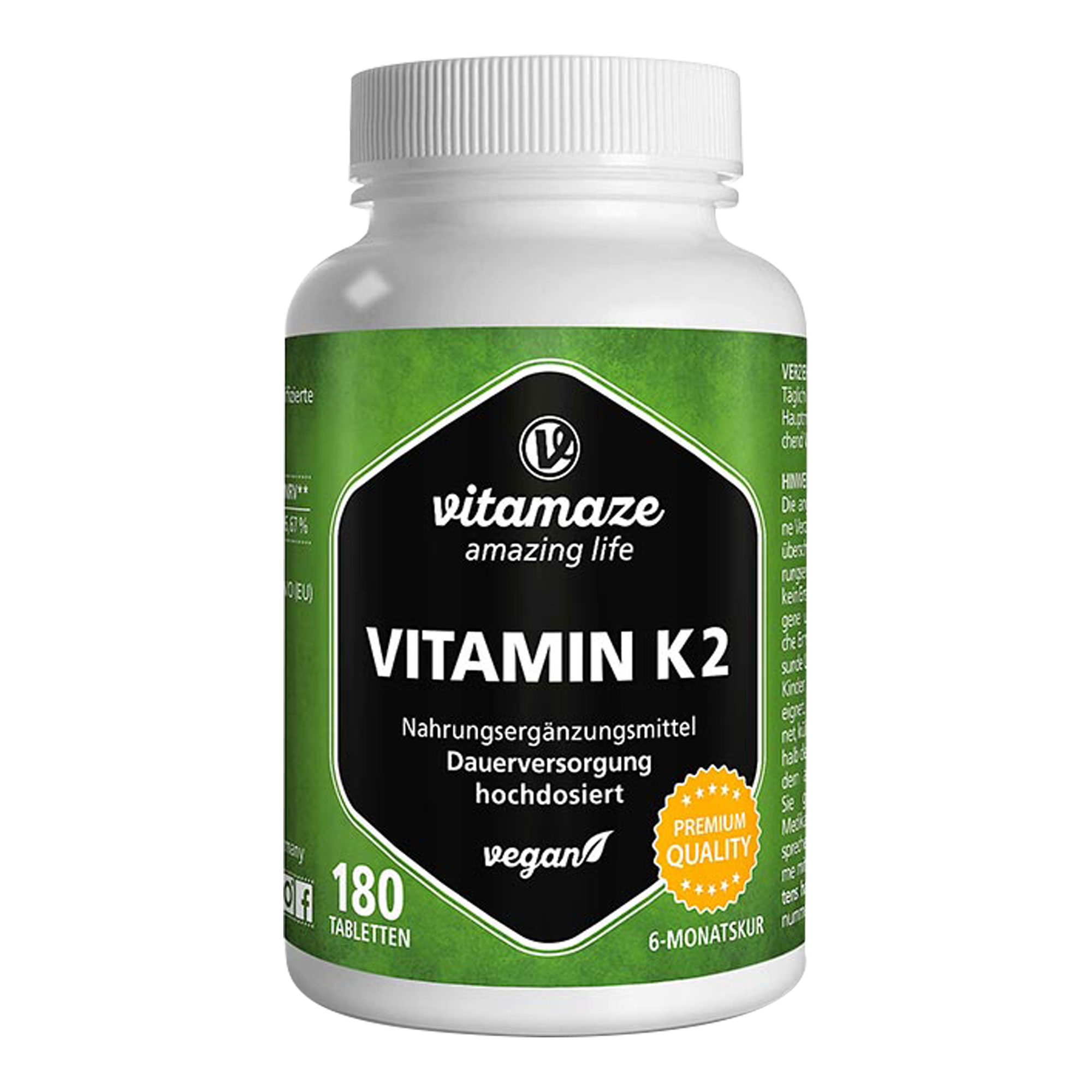 Nahrungsergänzungsmittel mit hochdosiertem Vitamin K2. Für 6 Monate Dauerversorgung.