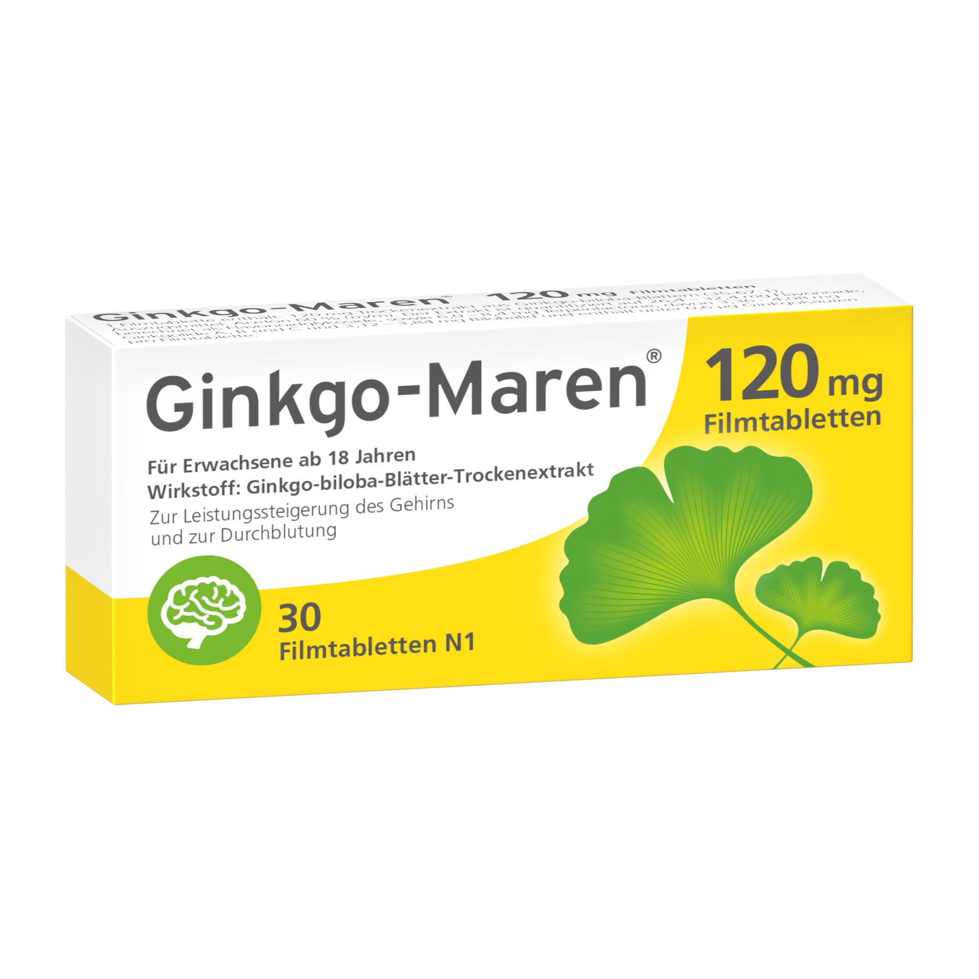 Fördert die Konzentration, stärkt die Gedächtnisleistung und unterstützt die geistige Leistungsfähigkeit. Mit 120 mg Trockenextrakt aus Ginkgo-biloba-Blättern.