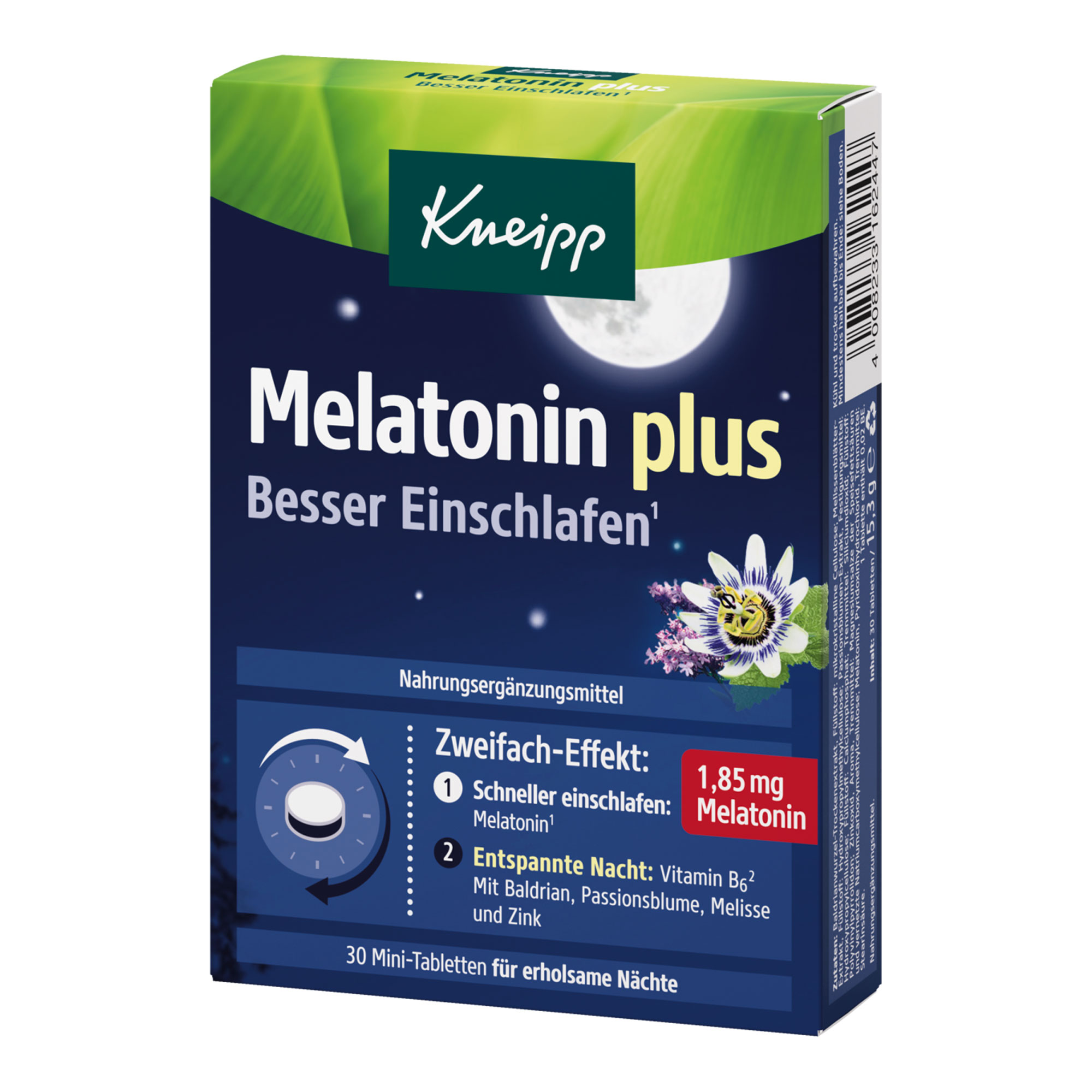 Nahrungsergänzungsmittel mit 1,85 mg Melatonin sowie einer Pflanzenkombination aus Baldrian, Melisse und Passionsblume.