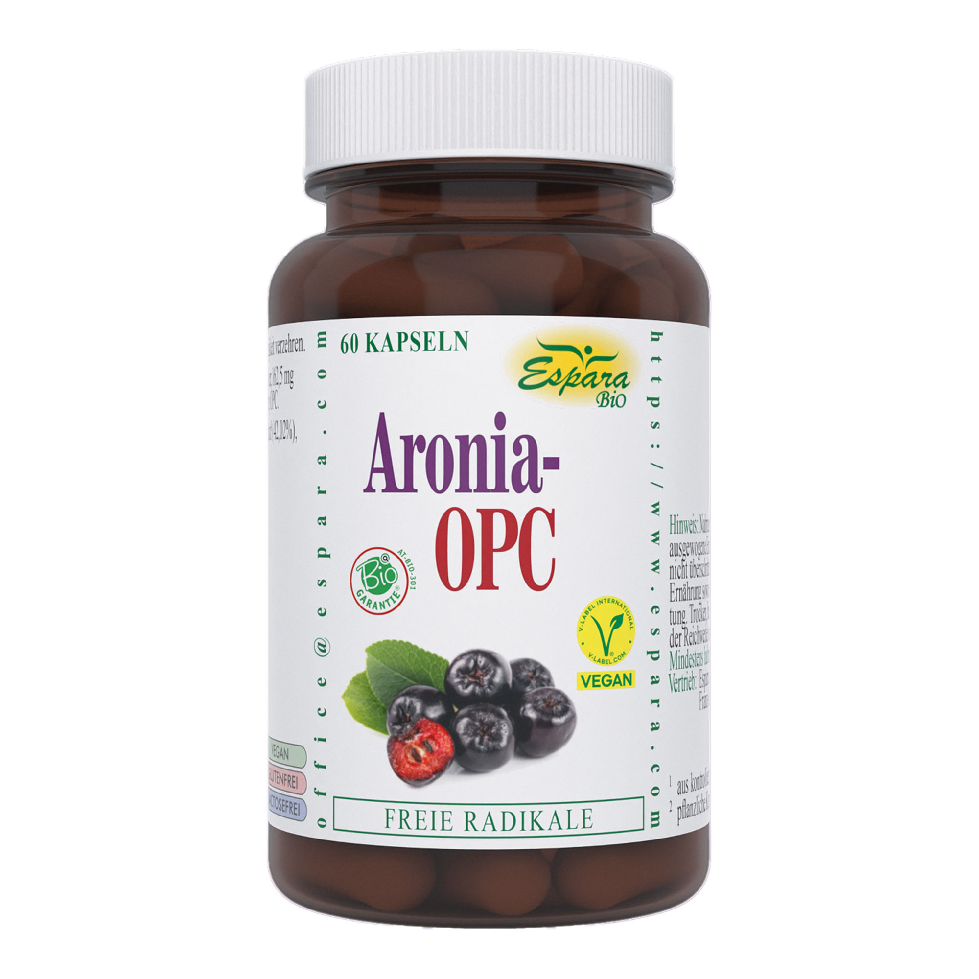 Nahrungsergänzungsmittel mit Aronia-Pulver und Traubenkern-Extrakt aus kontrolliert biologischem Anbau.