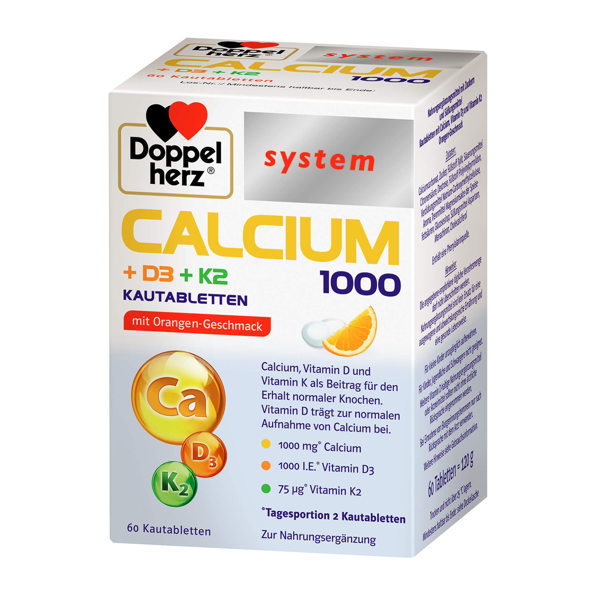 Kautabletten mit Calcium, Vitamin D3 und Vitamin K2.