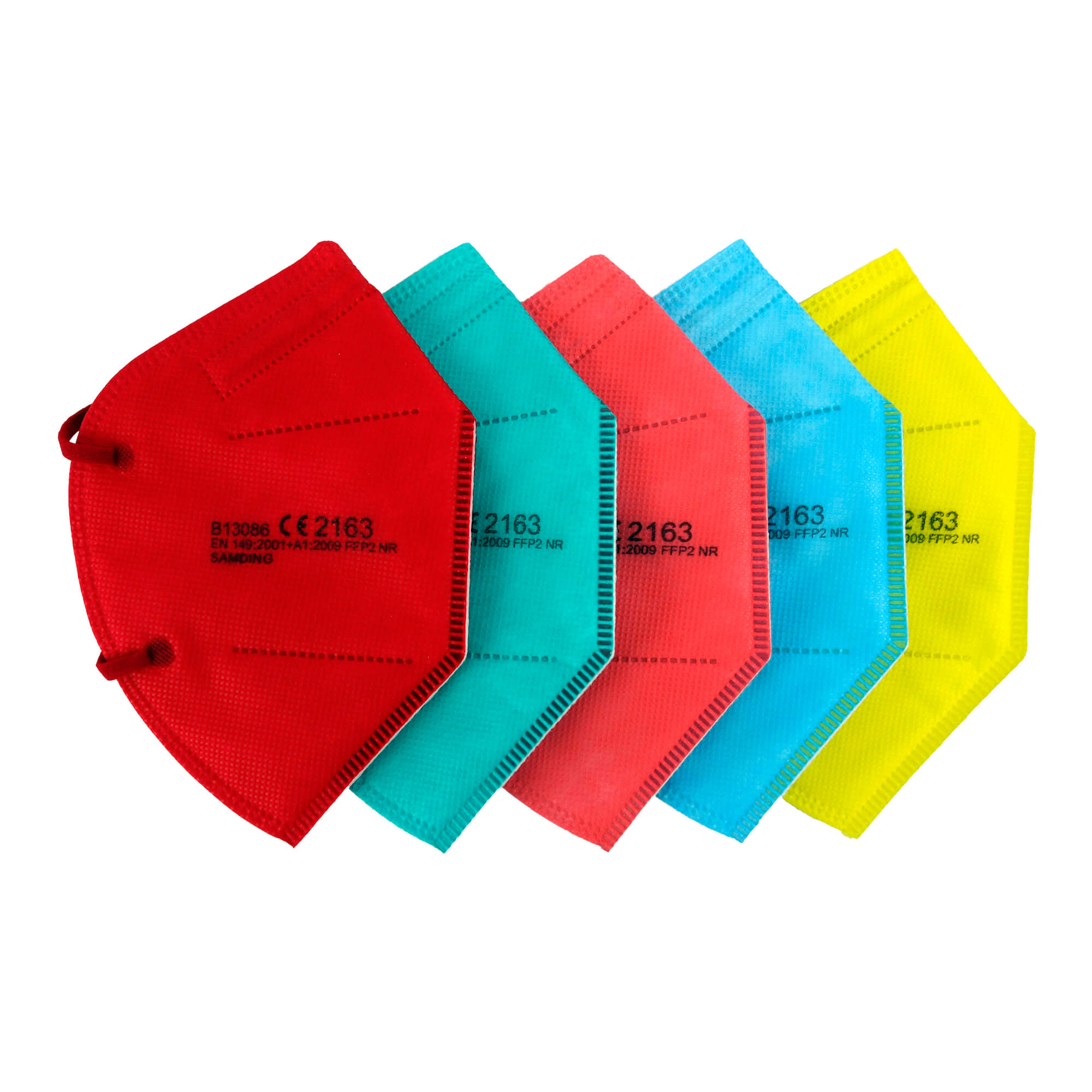 Fünf verschieden farbige FFP2-Masken in einer Packung. Farbenfrohe Töne. Nicht einzeln verpackt.
