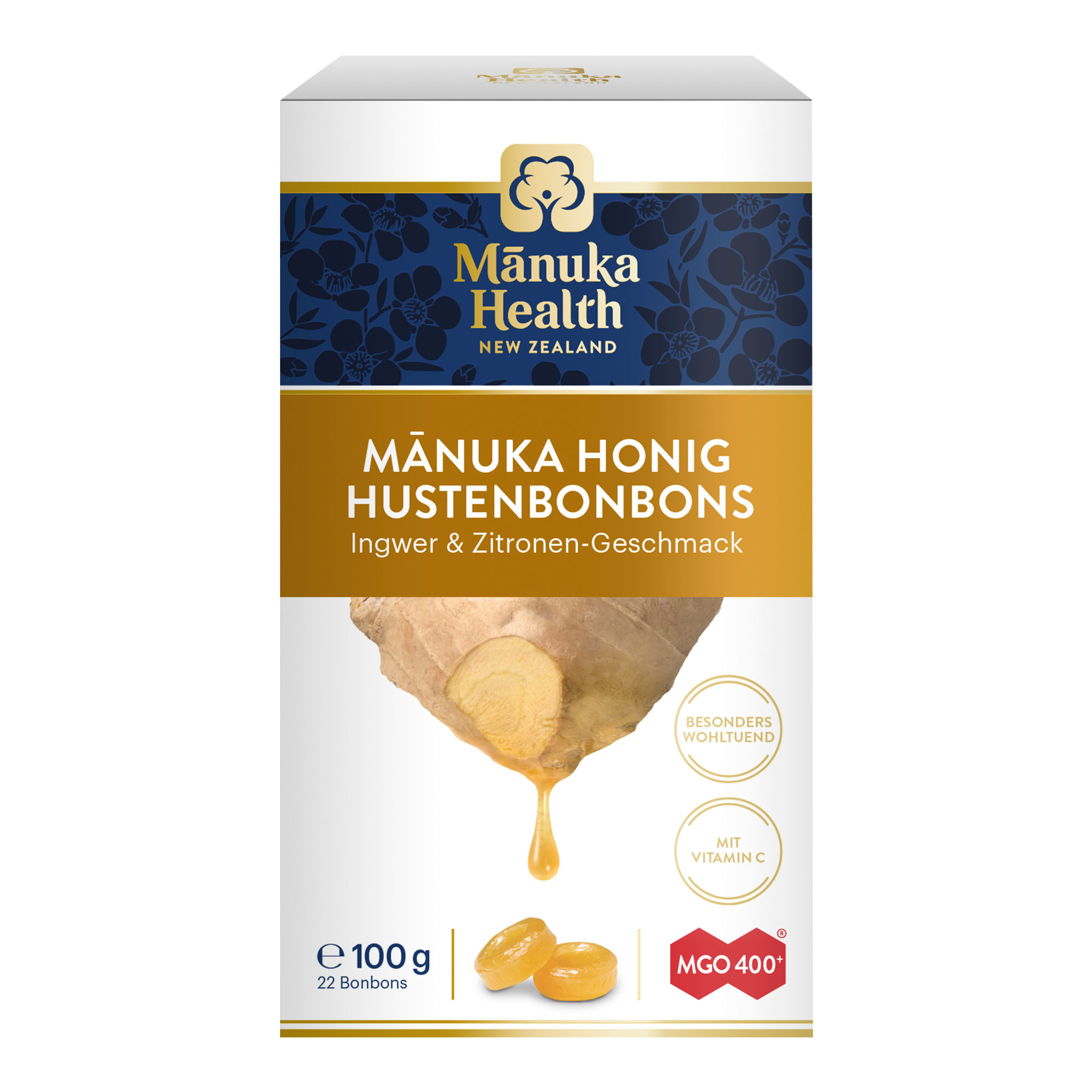 Hustenbonbons mit Vitamin C, Manuka Honig und fruchtigem Zitronen- und Ingwergeschmack.