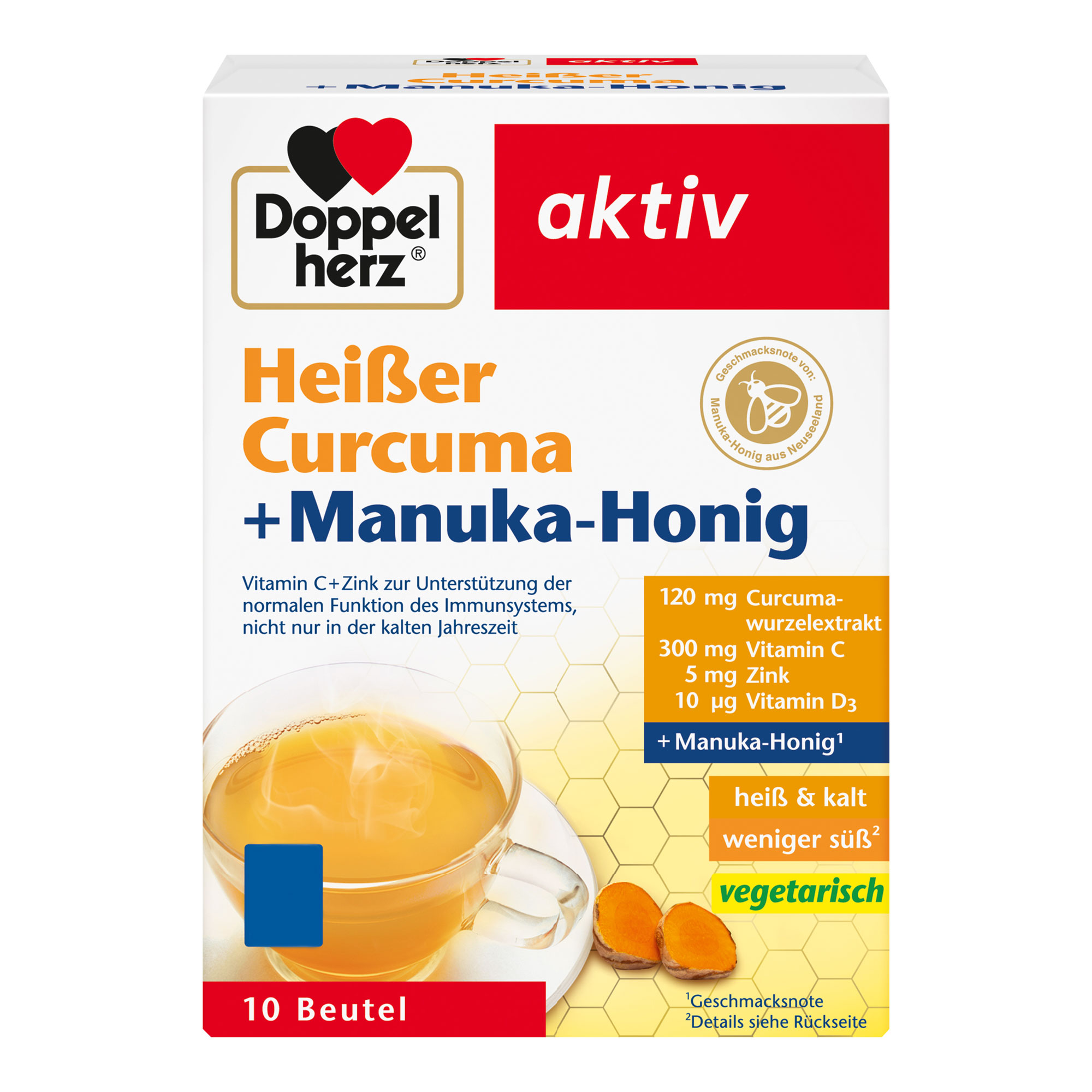 Nahrungsergänzungsmittel mit Vitamin C, D, Zink, Curcumawurzelextrakt und der Geschmacksnote von Manuka-Honig.