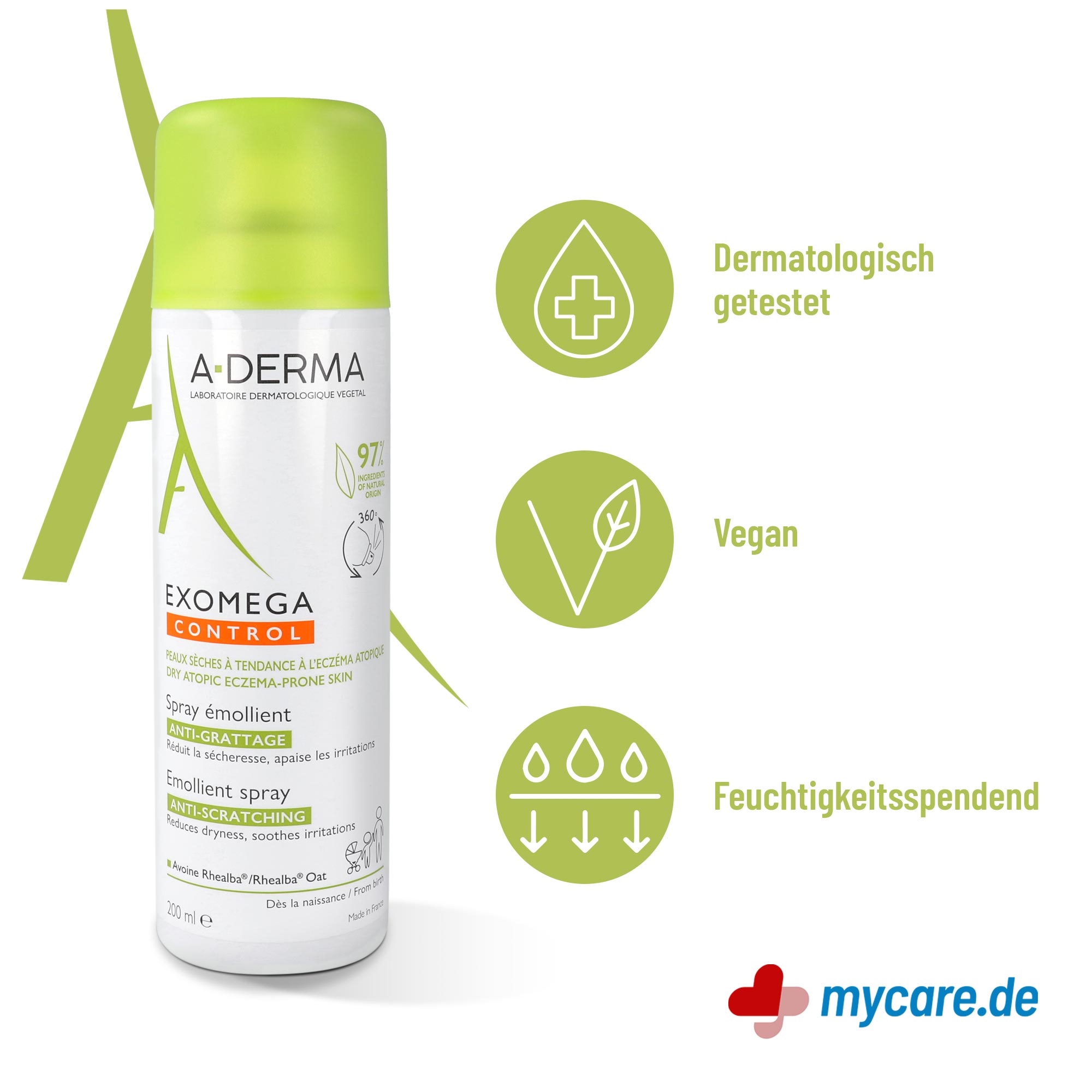 Infografik A-Derma EXOMEGA Control Spray Eigenschaften