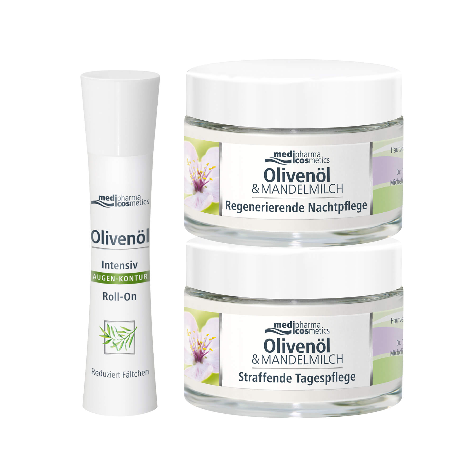 Das Olivenöl-Mandelmilch Spar-Set besteht aus 1 x straffende Tagespflege, 1 x regenerierende Nachtpflege und 1 x Intensiv Augen-Kontur Roll-On.