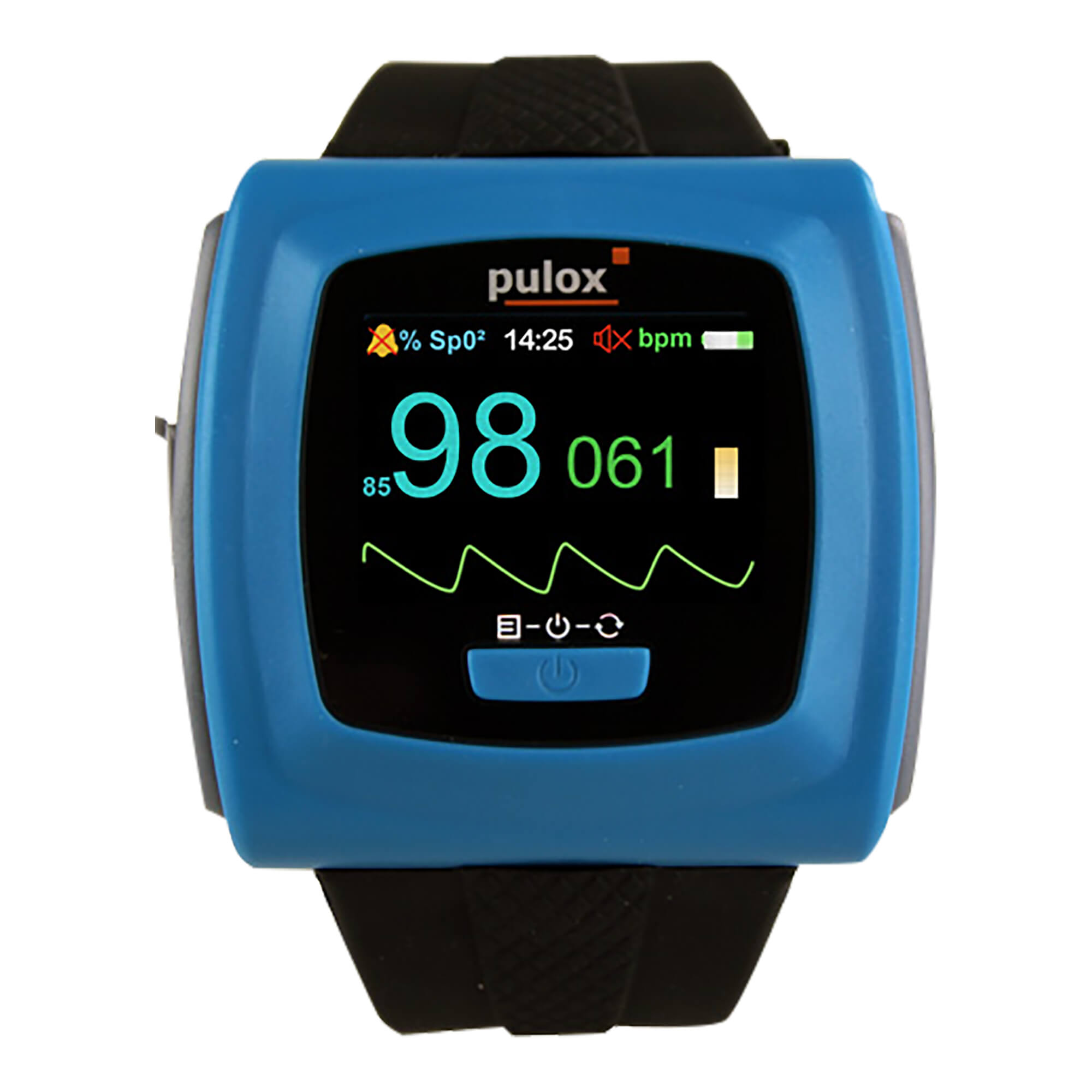 Pulsoximeter mit Armband, Externem Fingersensor, Akku und Software. Farbe: blau.