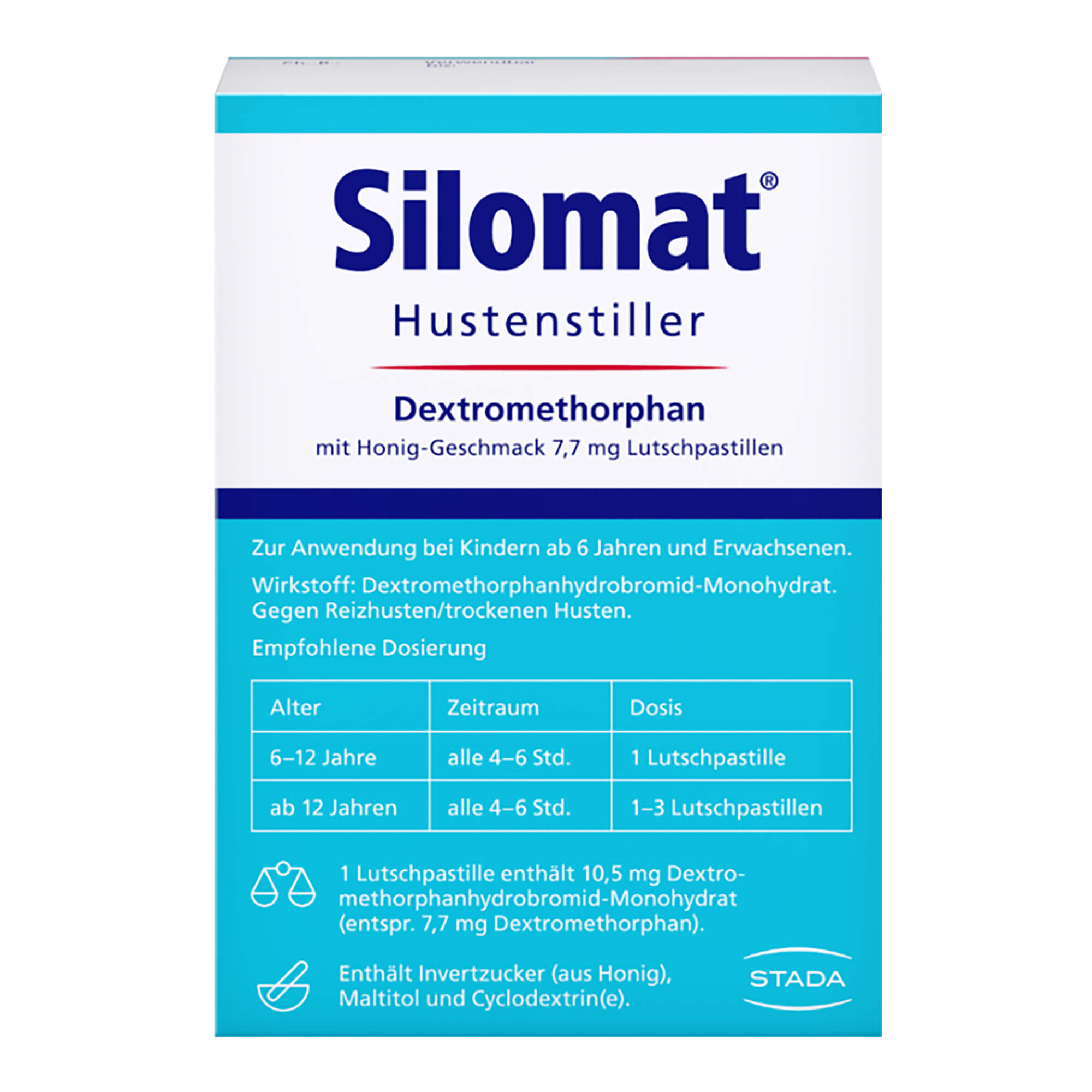 Silomat Hustenstiller Dextromethorphan mit Honig-Geschmack 7,7 mg Lutschpastillen Packungsrückseite