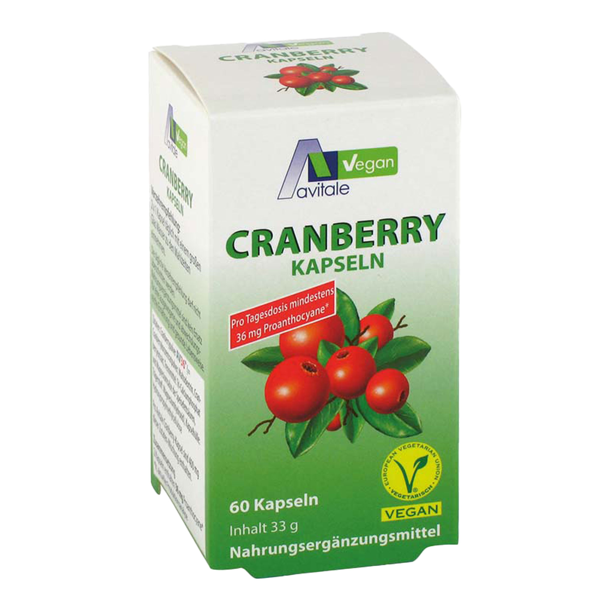 Veganes Nahrungsergänzungsmittel mit Cranberrypulver.